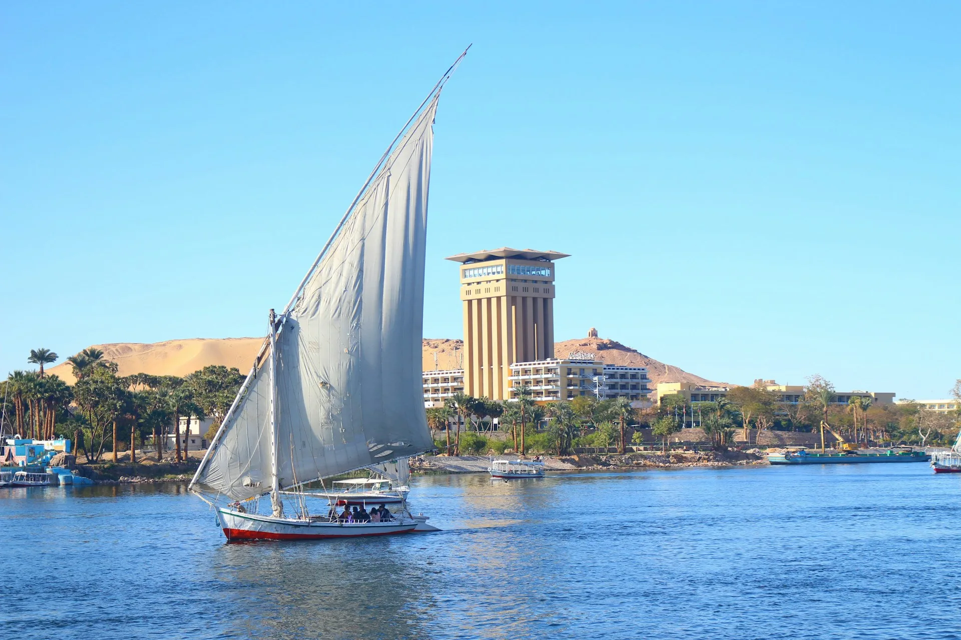 Traditional felucca sailboats on the Nile River at Aswan