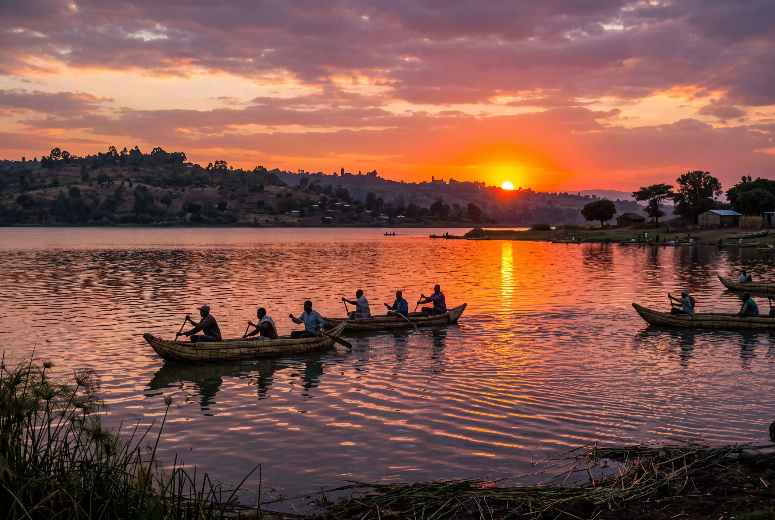 Lake Tana sunset with papyrus boats in Bahir Dar Ethiopia