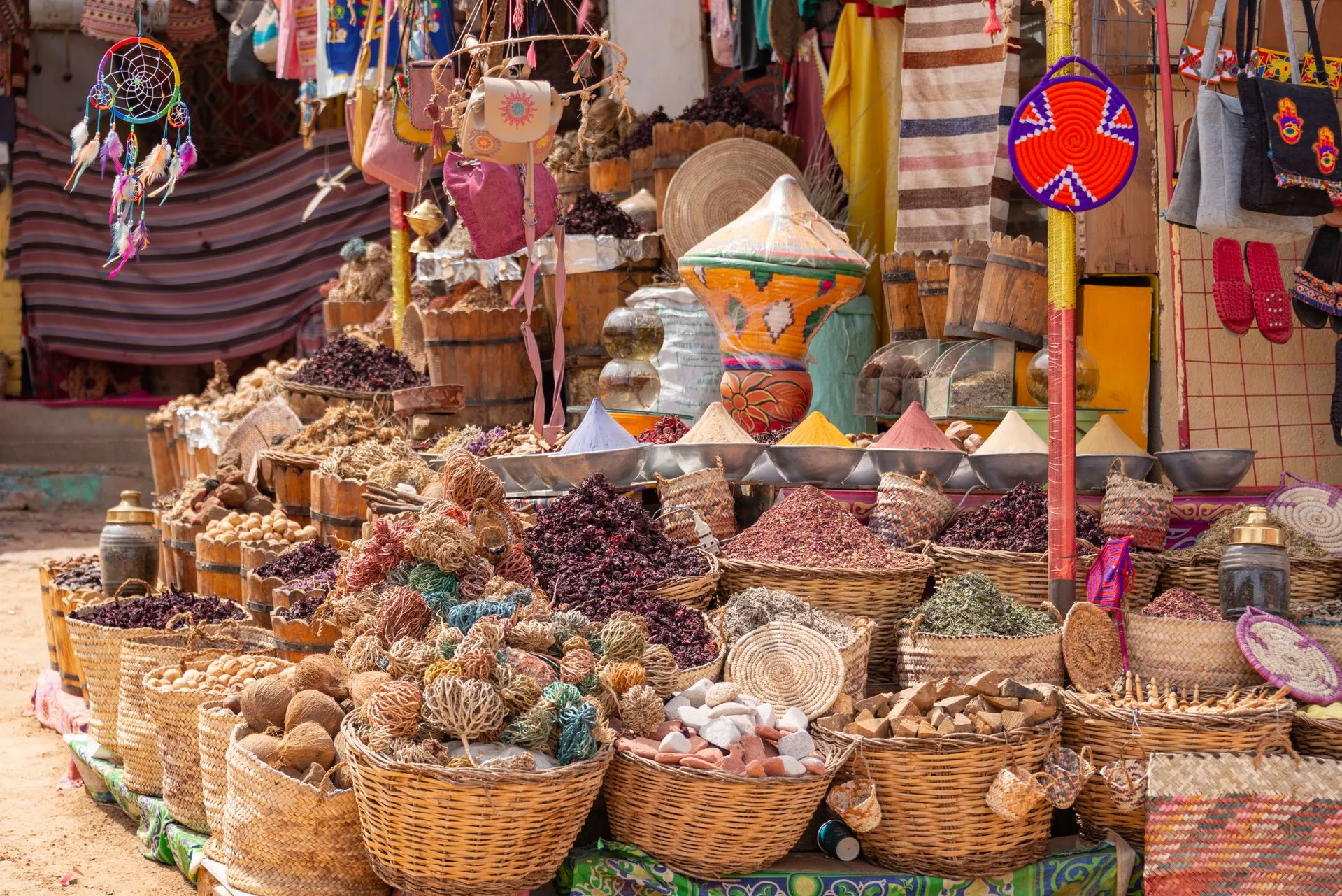 Colorful spices and textiles at Merkato market in Addis Ababa
