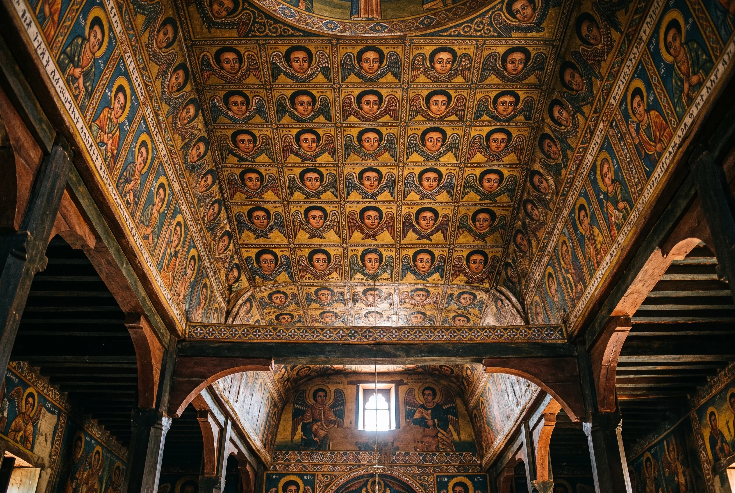 Cherubic ceiling frescoes at Debre Berhan Selassie Church in Gondar