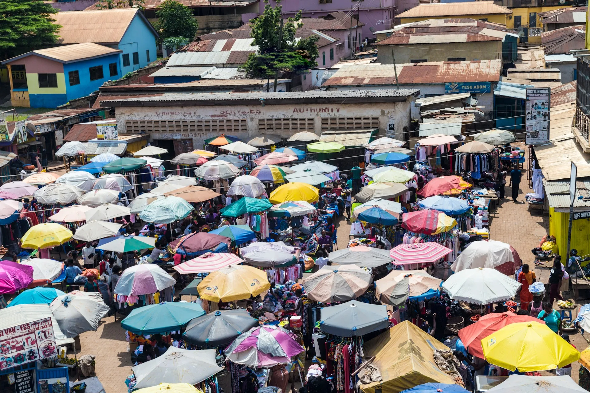 Aerial view of colorful Kejetia Market stalls