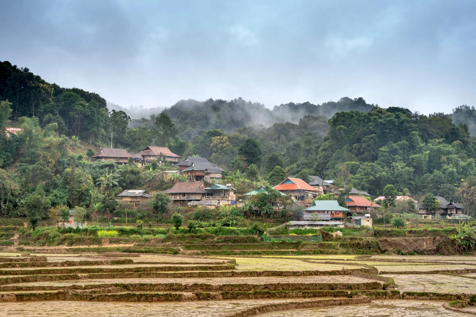 Traditional Malagasy village with wooden houses and rice paddies