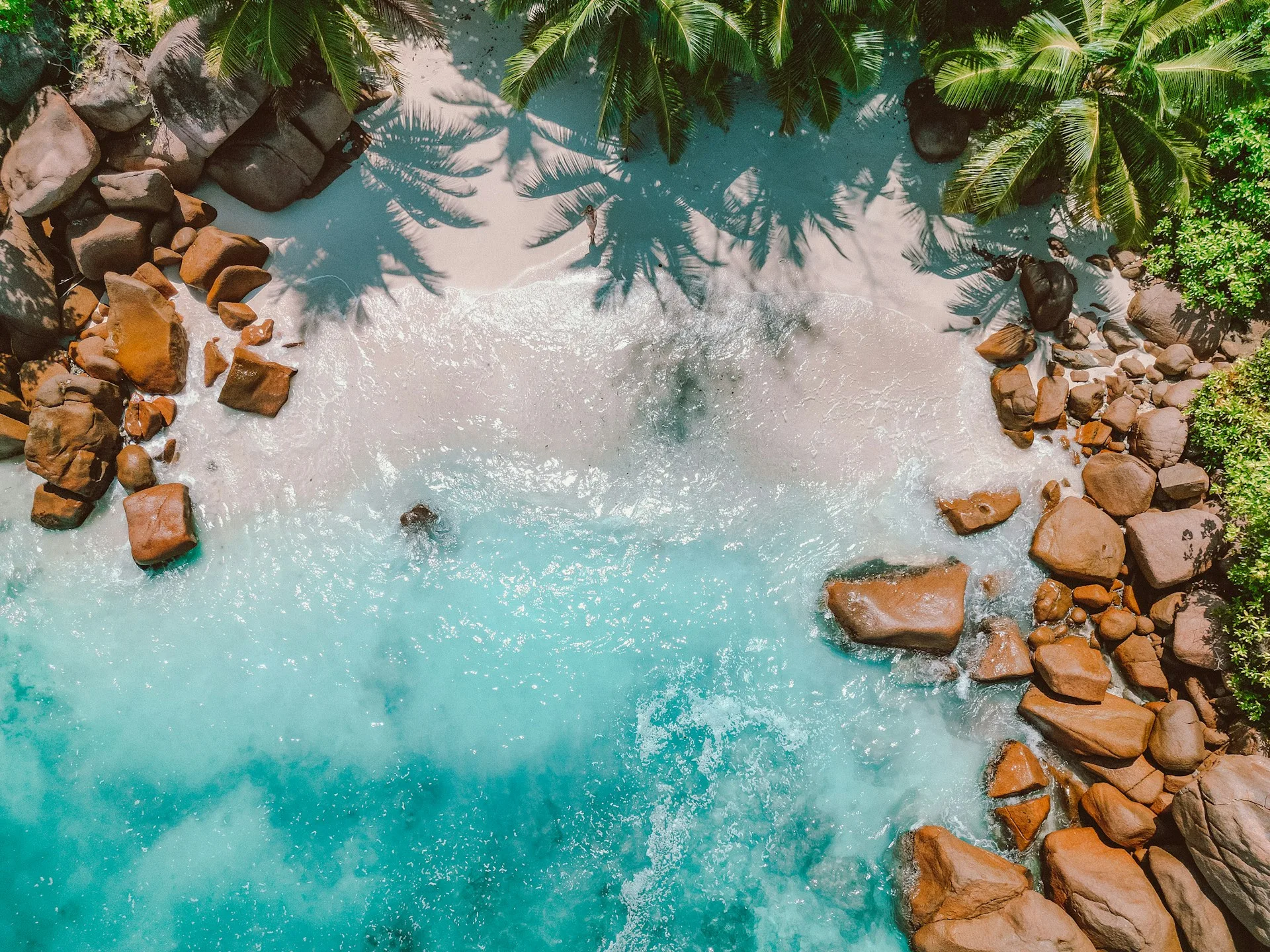 Anse Lazio beach with turquoise water and white sand aerial view