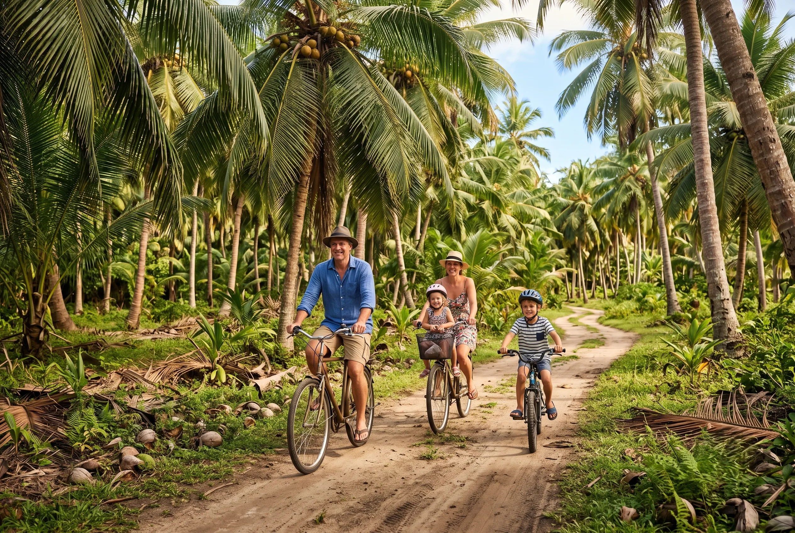Family cycling through coconut grove on La Digue island path