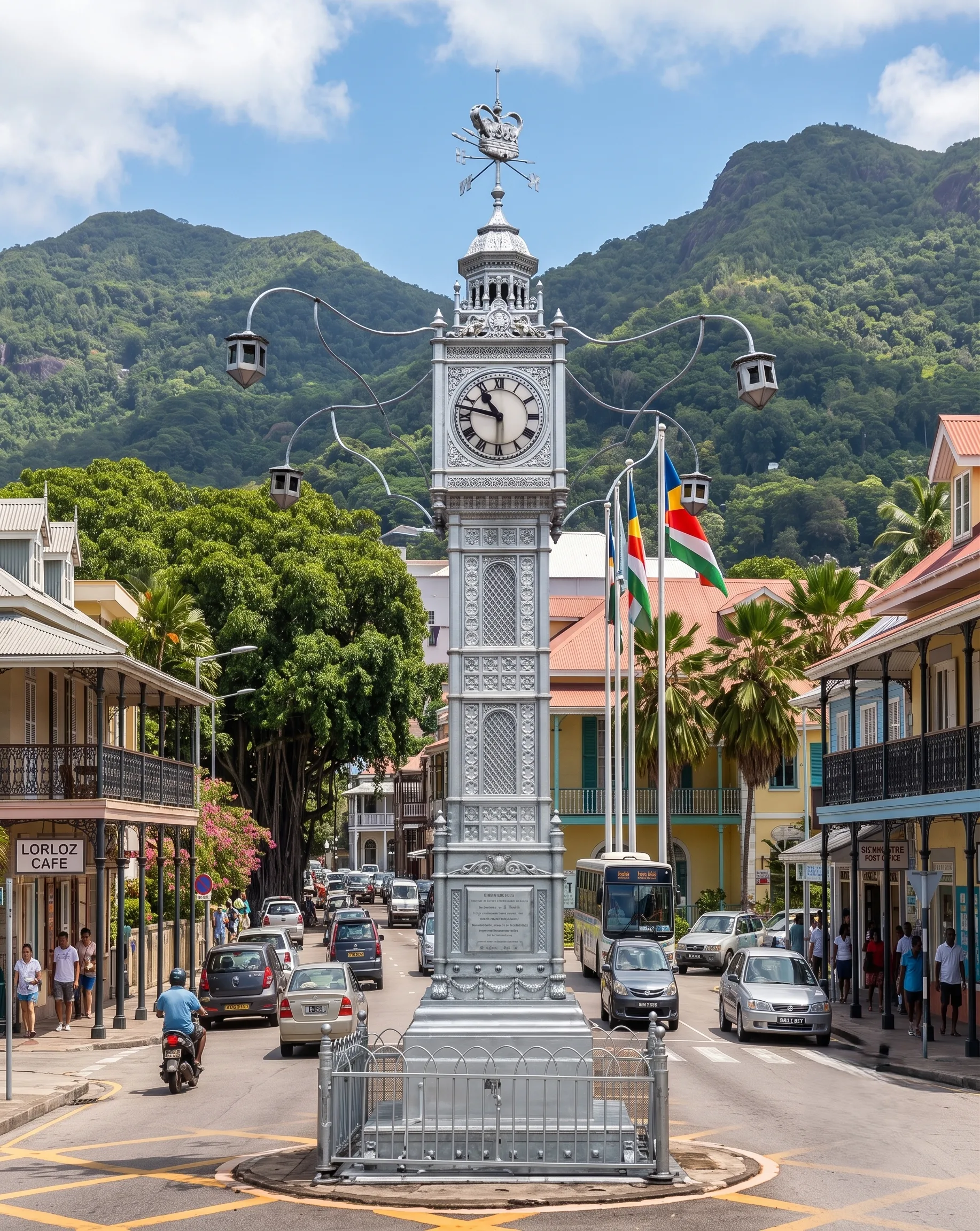 Victoria Clock Tower with colonial buildings and local street life