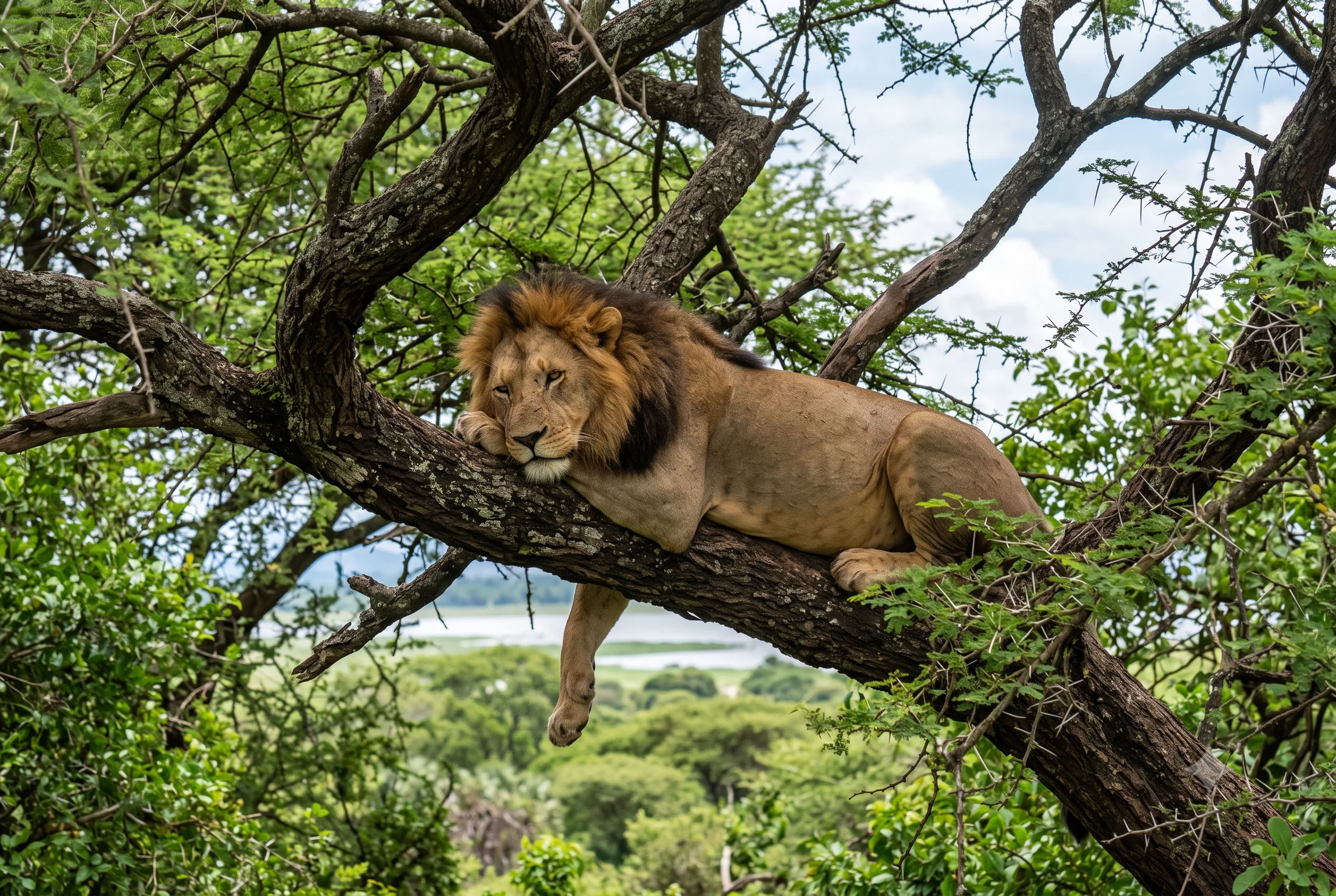 Lion resting in acacia tree branches in Lake Manyara with green foliage background