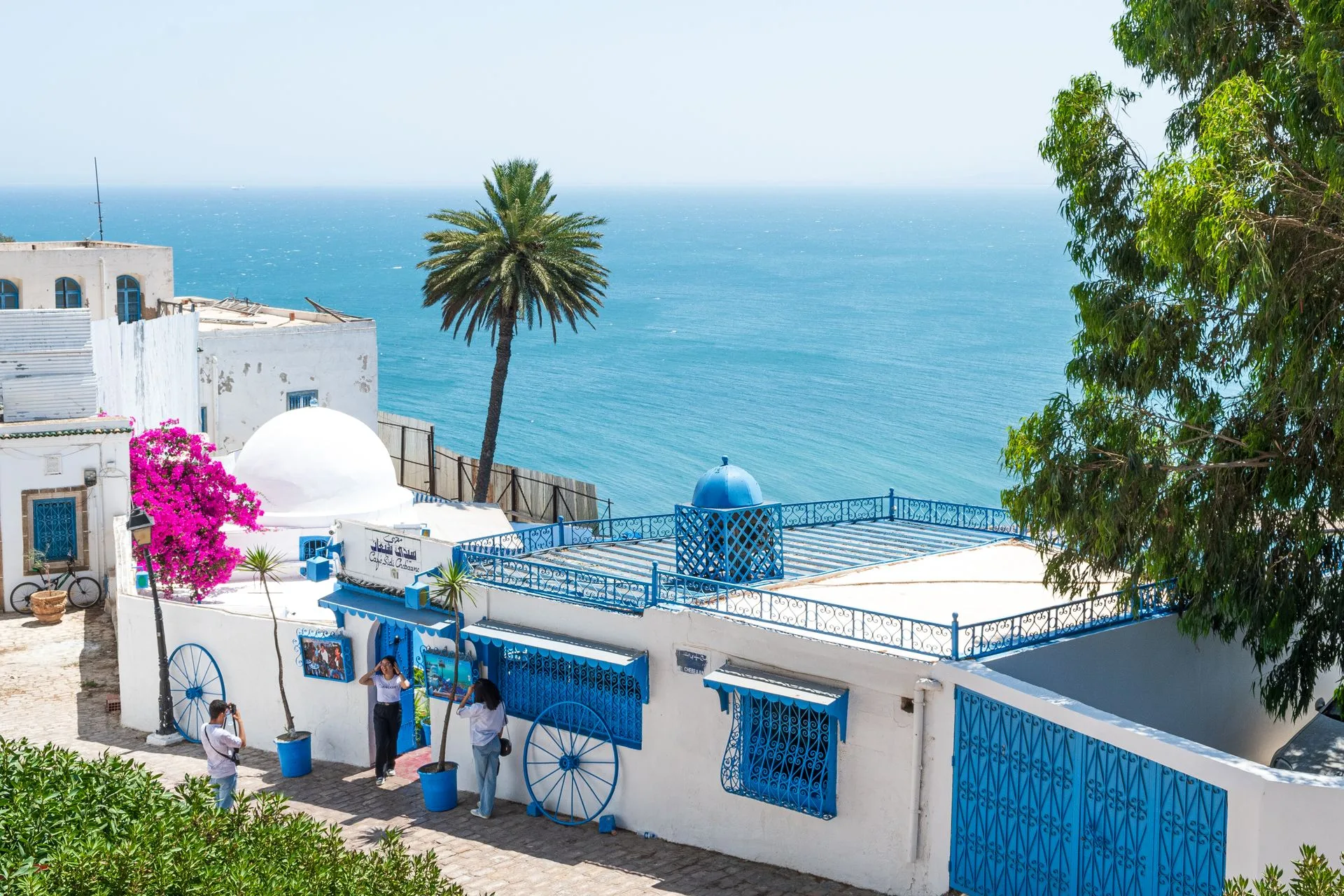 Sidi Bou Said blue doors and white architecture against Mediterranean backdrop