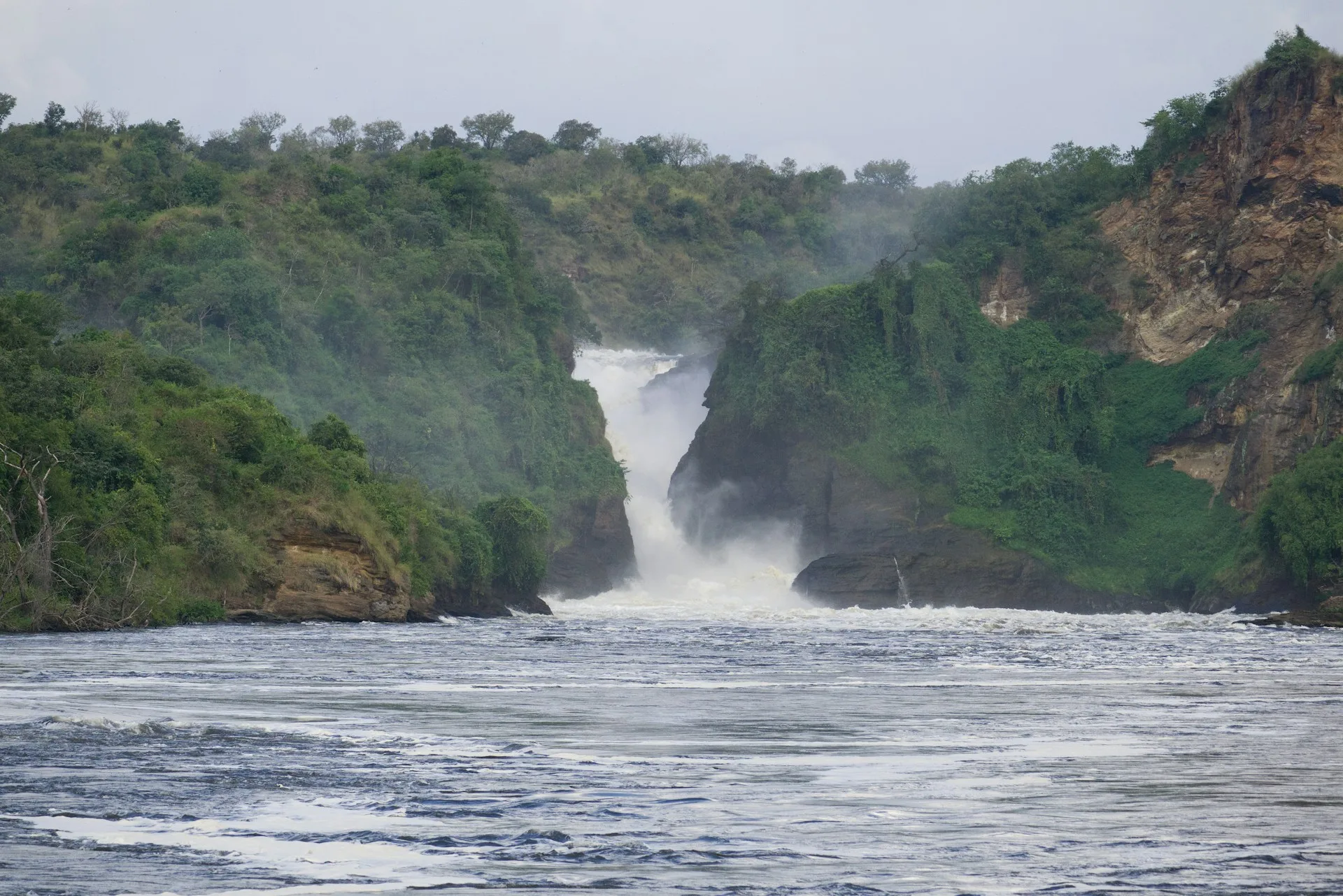 Murchison Falls viewpoint with Nile River cascading through narrow gorge
