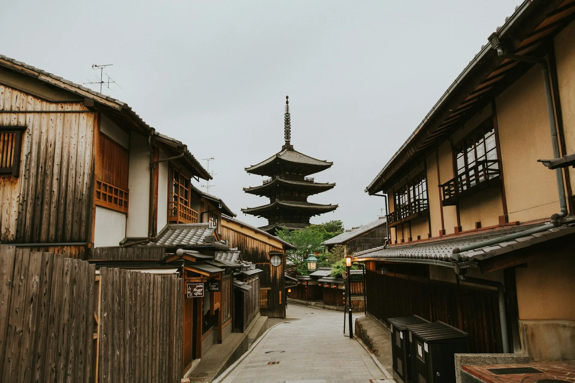 Traditional Gion district street with lanterns at evening