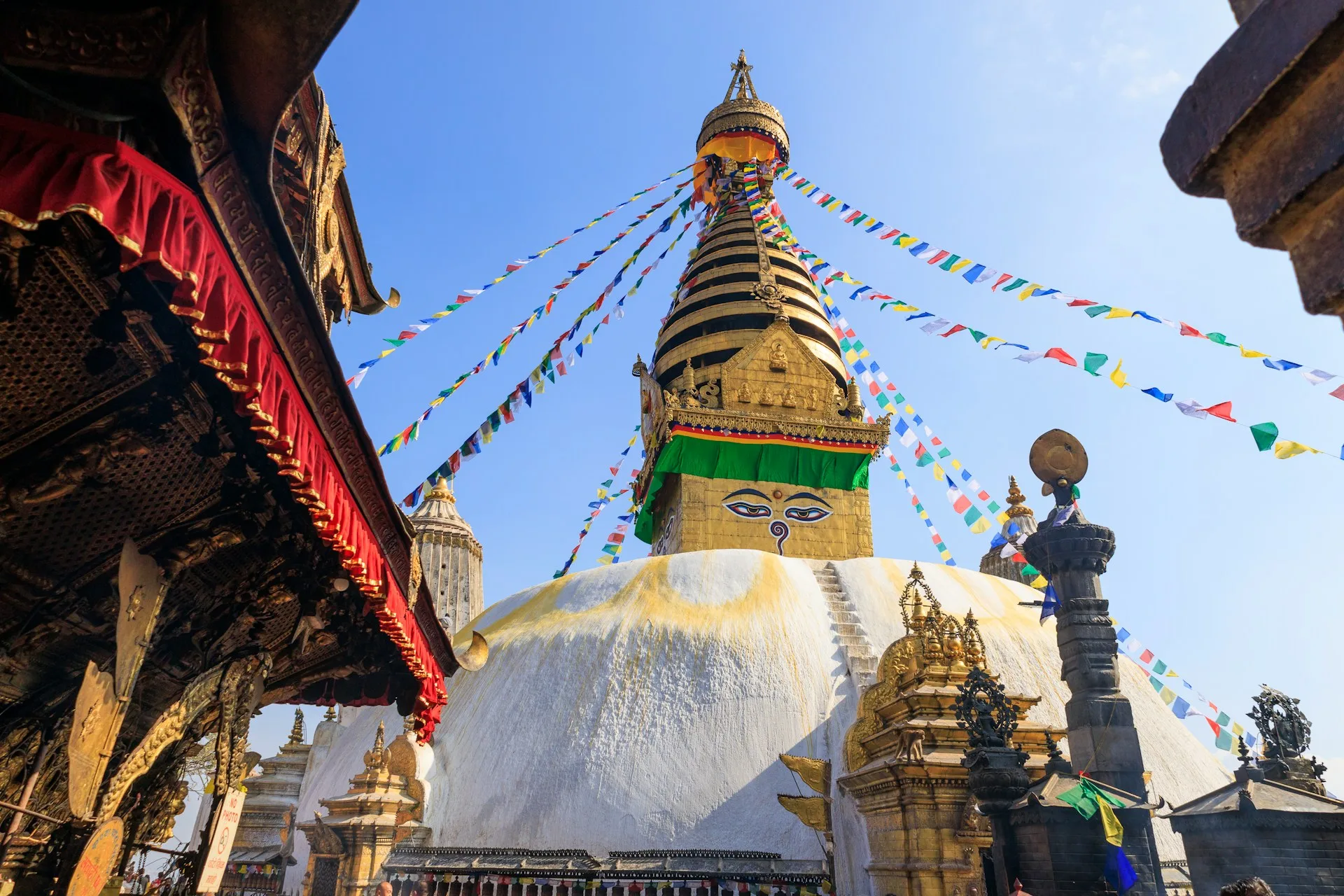 Swayambhunath stupa overlooking Kathmandu valley with prayer flags
