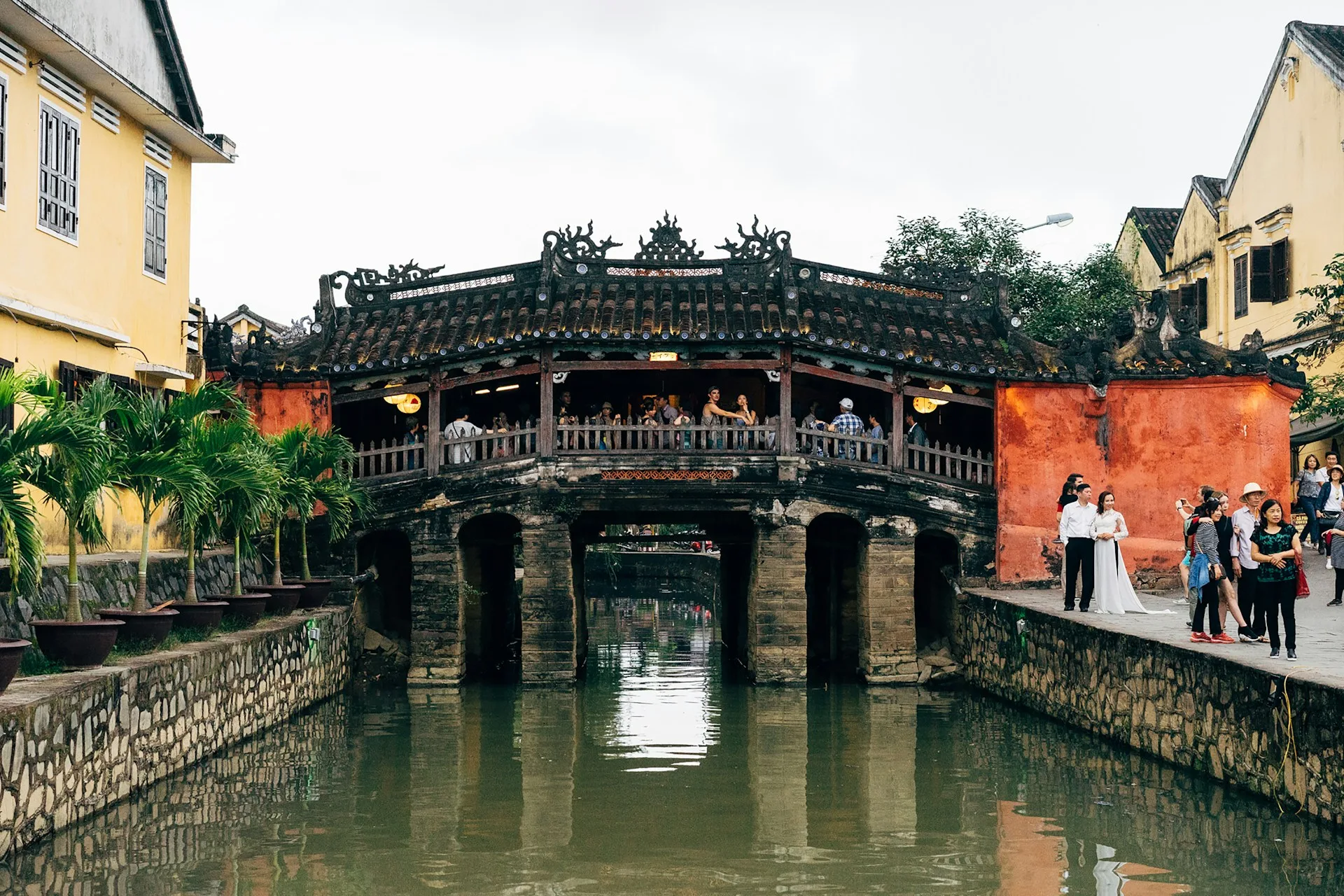 Japanese Covered Bridge illuminated with lanterns