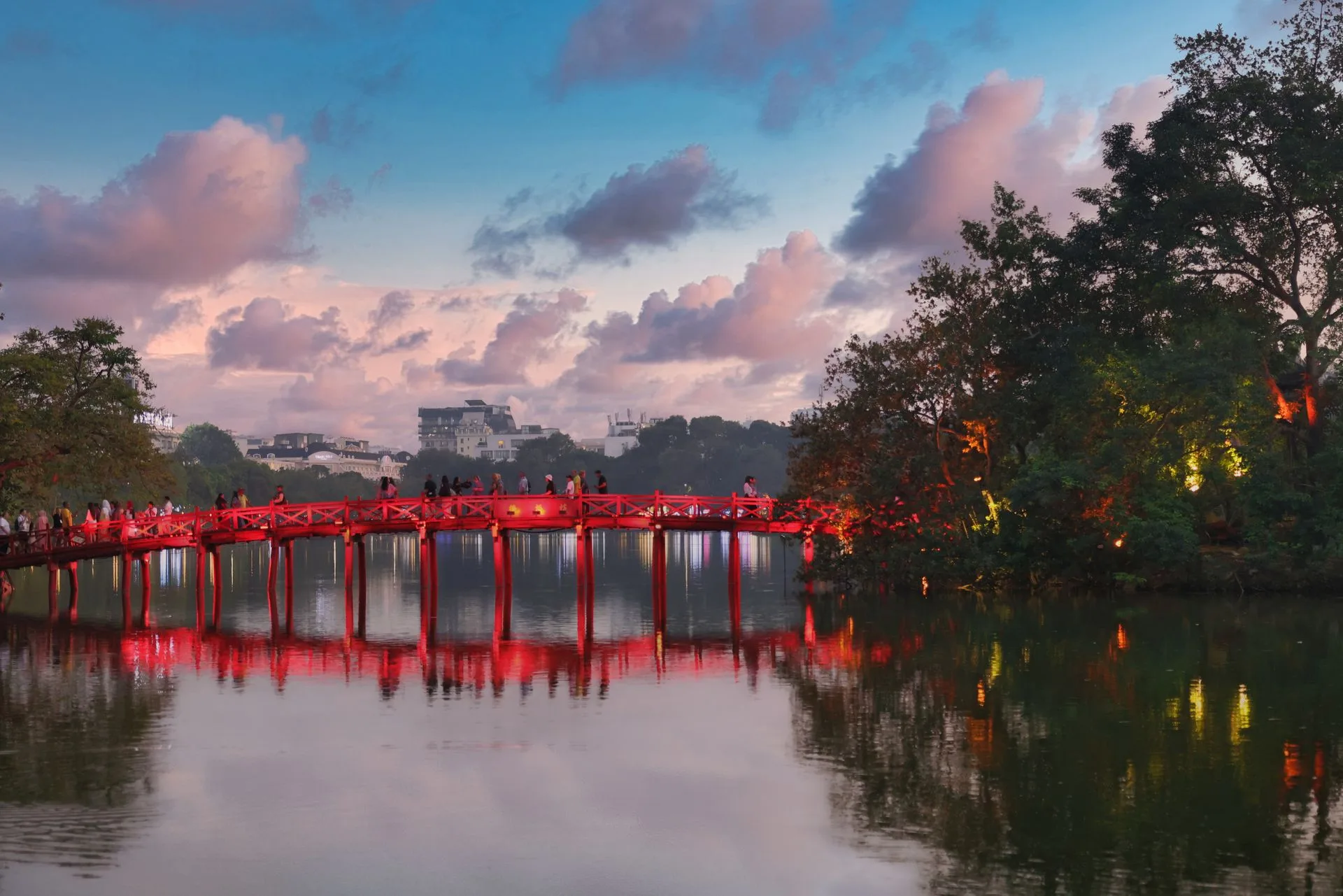 Red Huc Bridge and Ngoc Son Temple at Hoan Kiem Lake