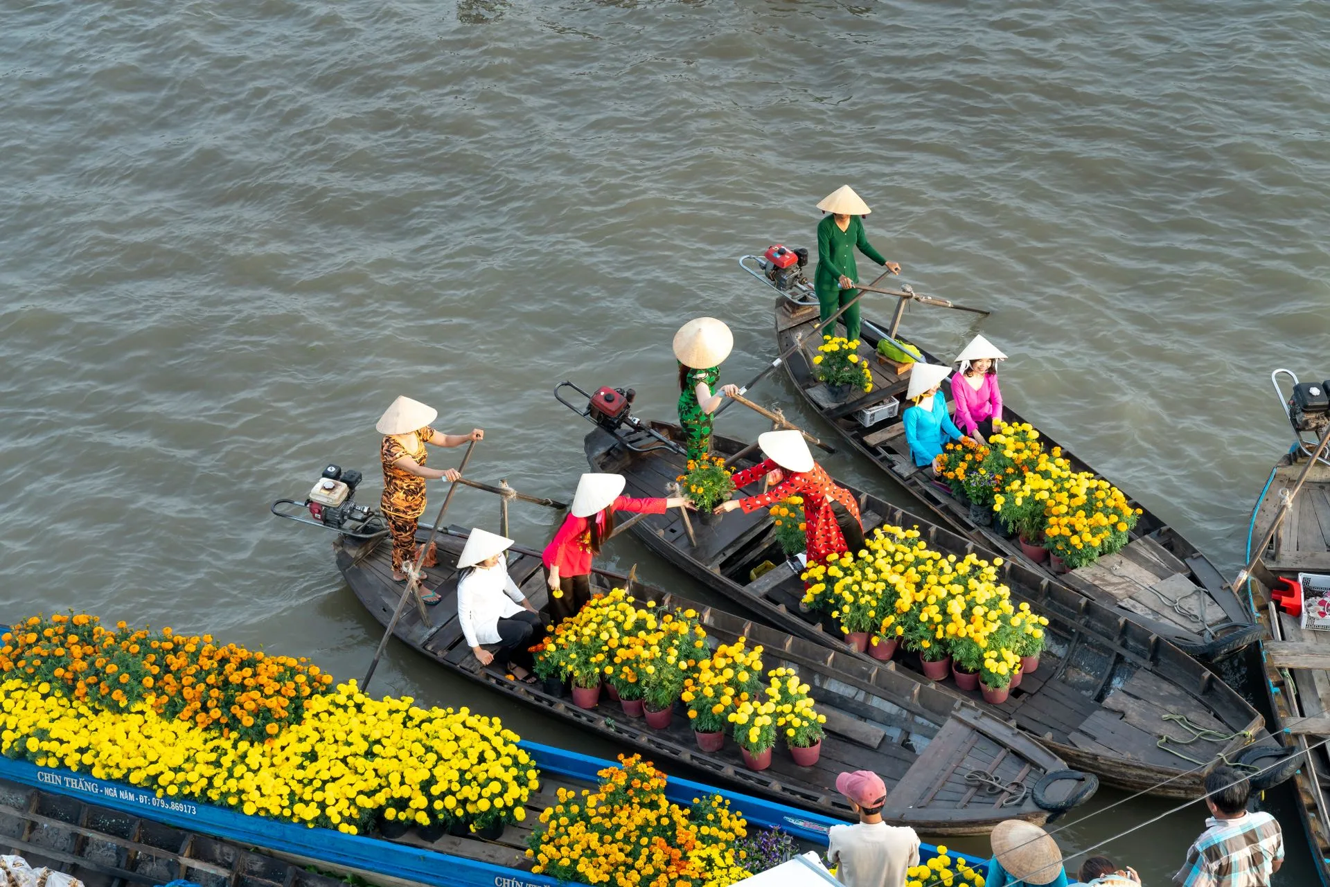 Colorful boats at Mekong Delta floating market
