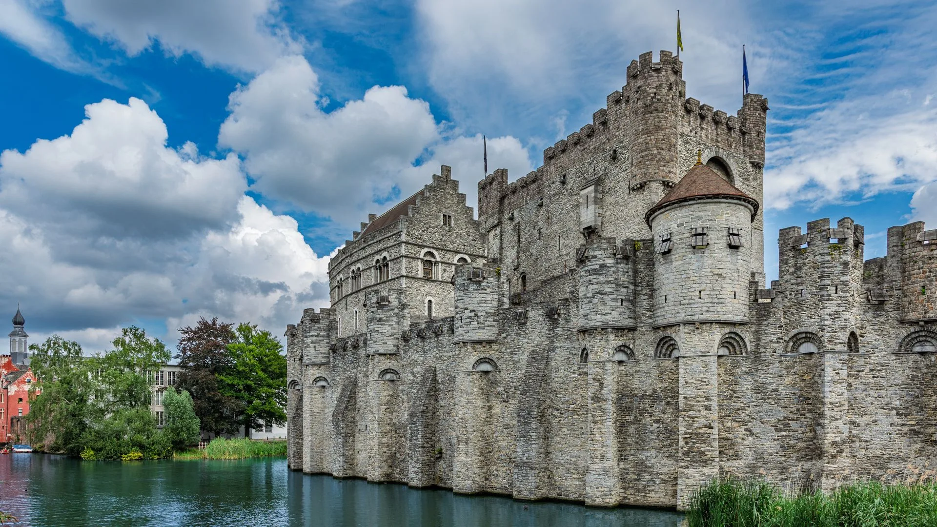 Gravensteen Castle Ghent with moat and medieval towers