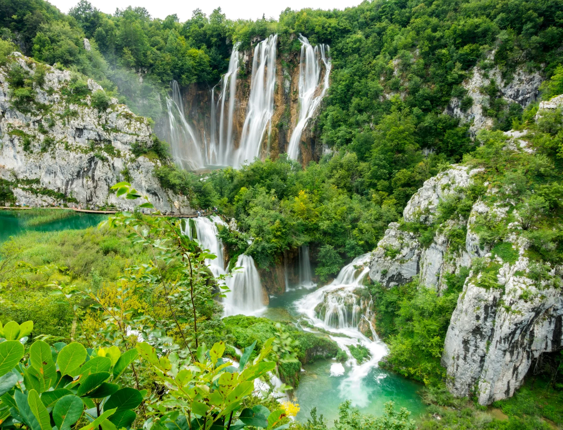 Plitvice Lakes cascading waterfalls with turquoise water