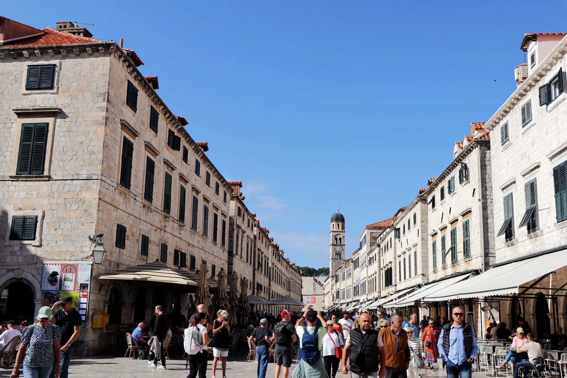 Stradun main street in Dubrovnik at sunset with limestone pavement