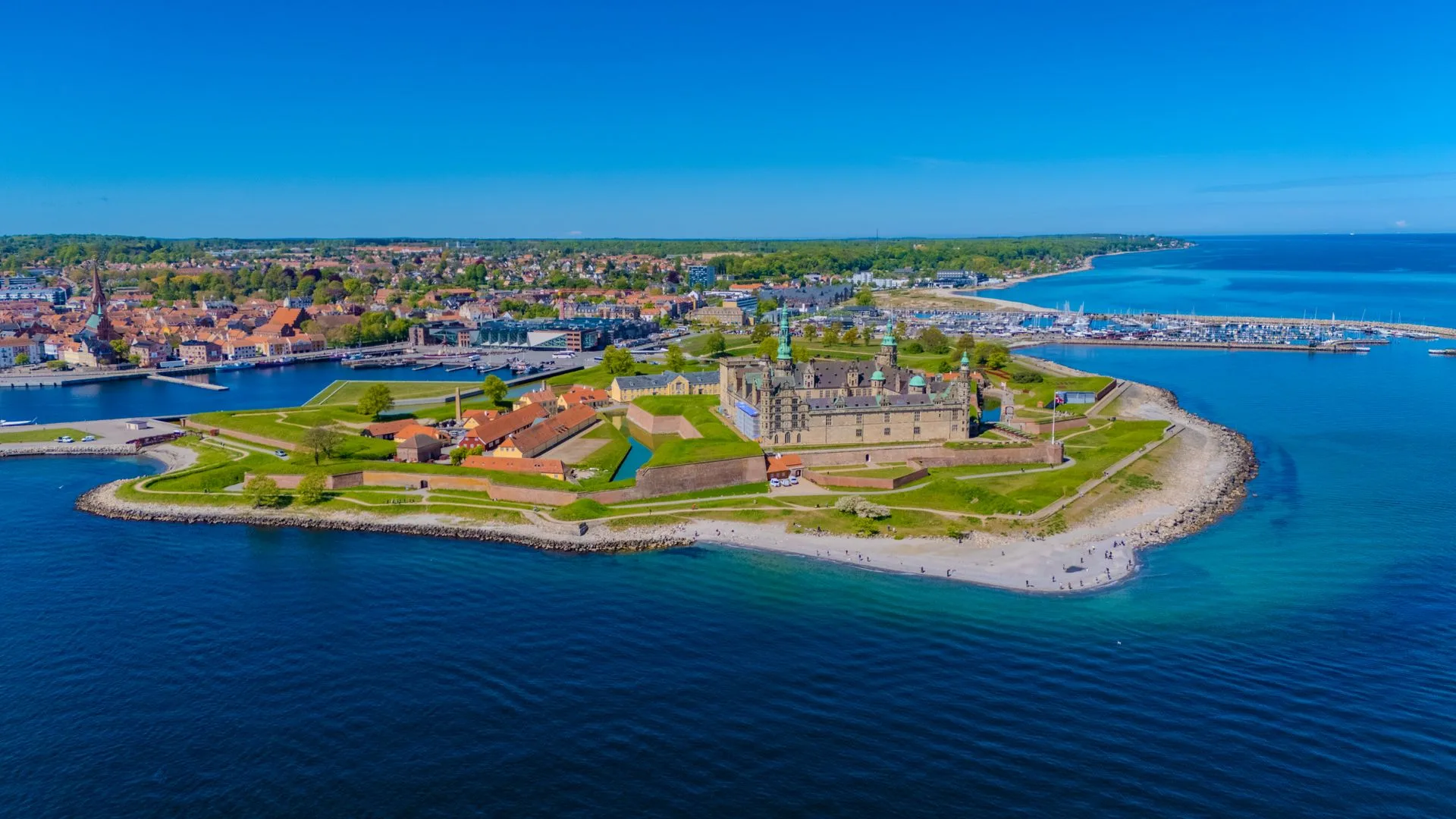 Kronborg Castle fortress with towers overlooking the sea at Helsingor