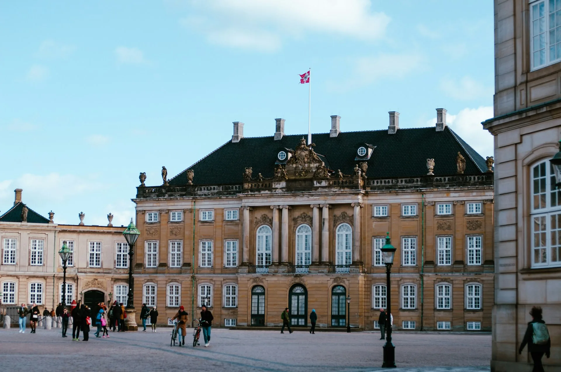 Amalienborg Palace square with royal guards and elegant rococo buildings