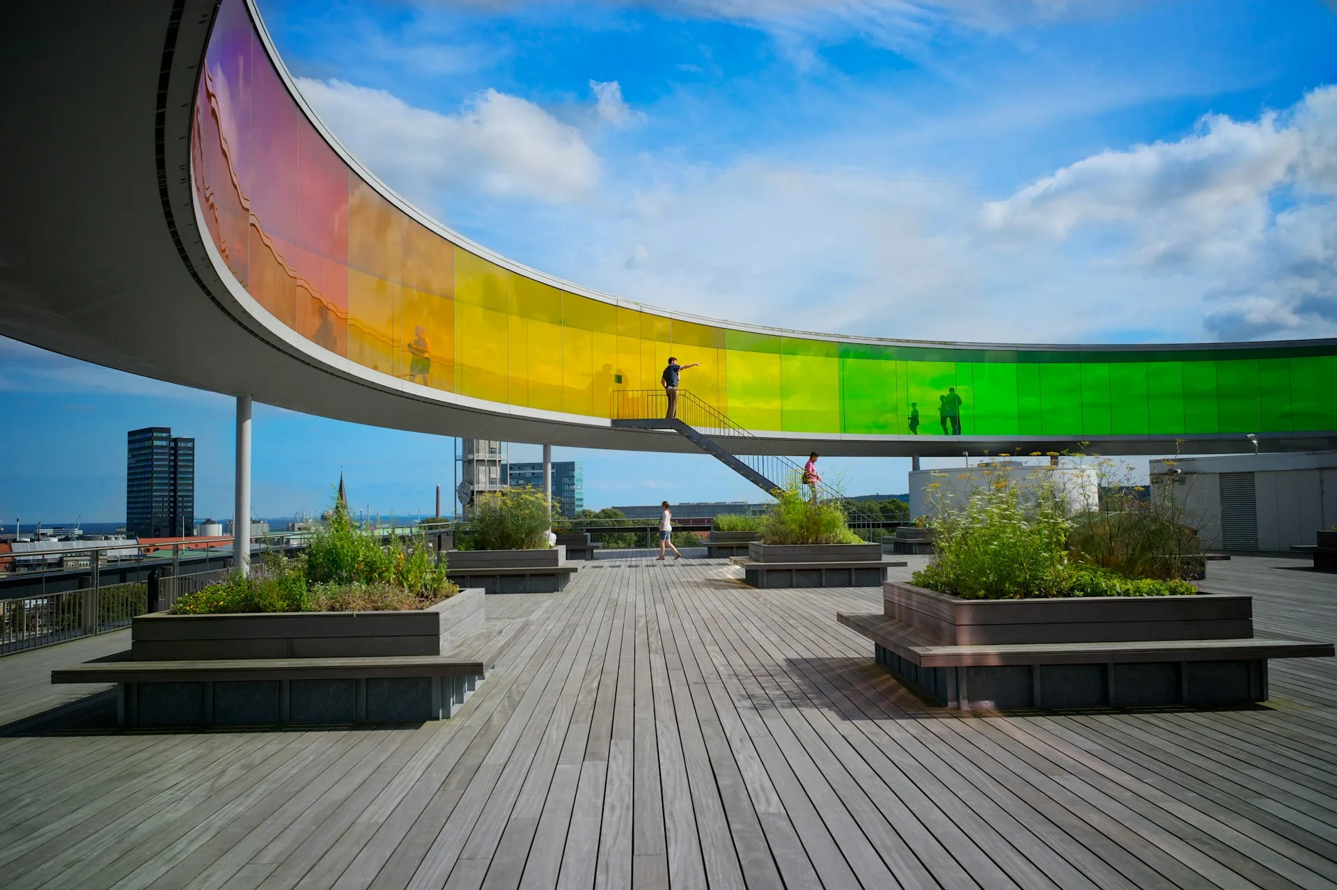 ARoS rainbow panorama circular walkway with colored glass overlooking Aarhus
