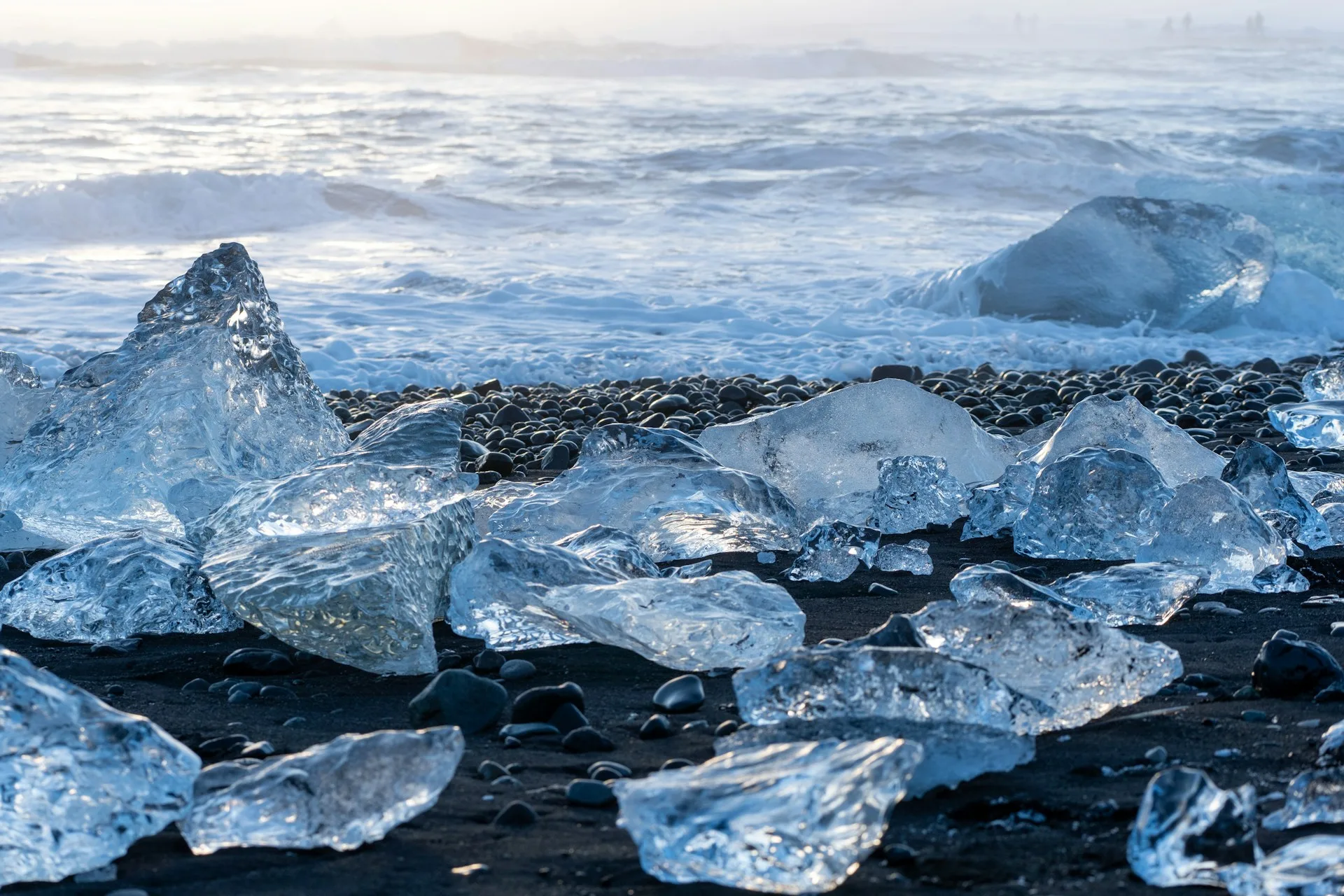Ice chunks on black sand at Diamond Beach Iceland
