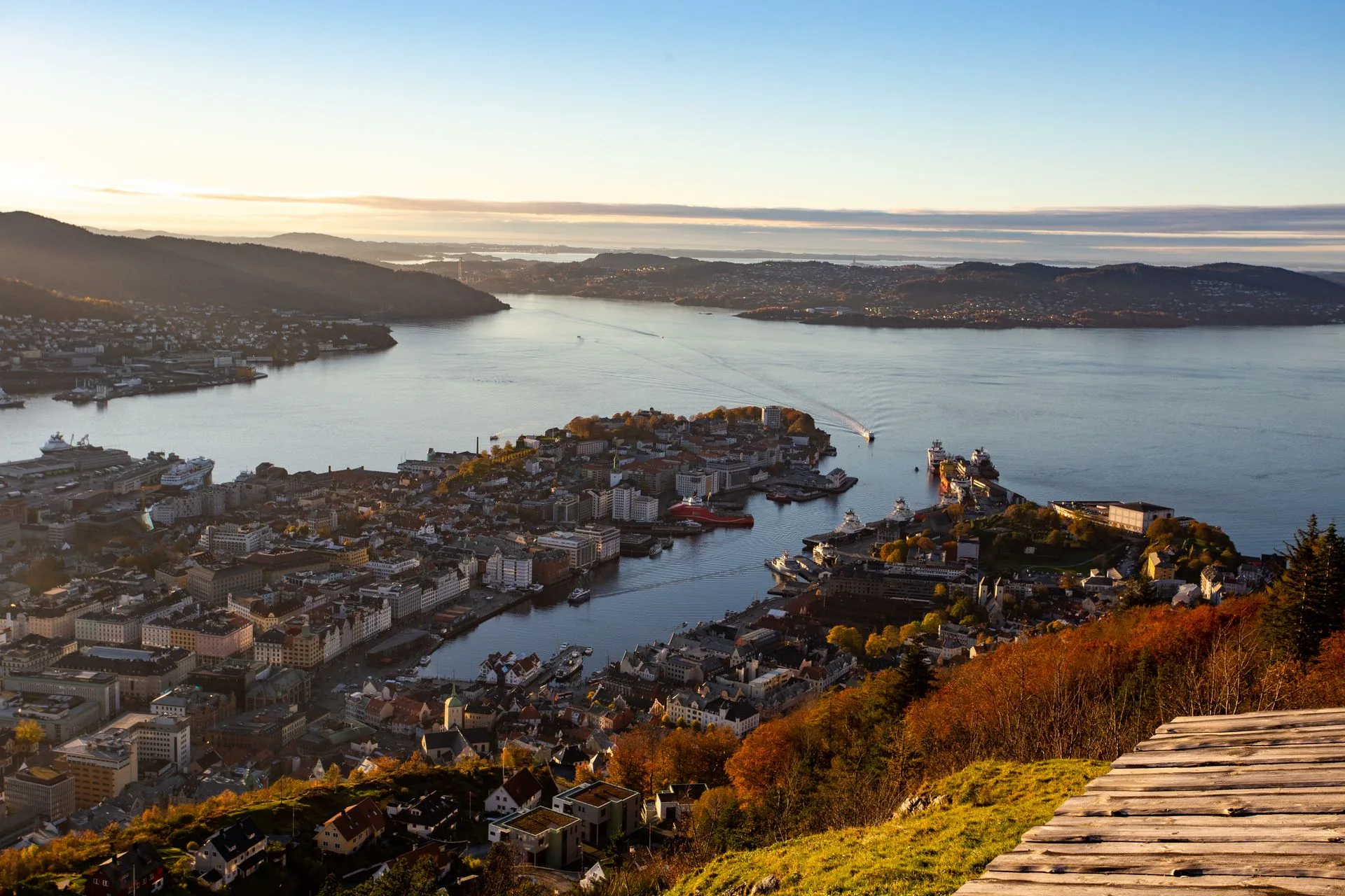 Panoramic view of Bergen city and harbor from Mount Fløyen viewpoint
