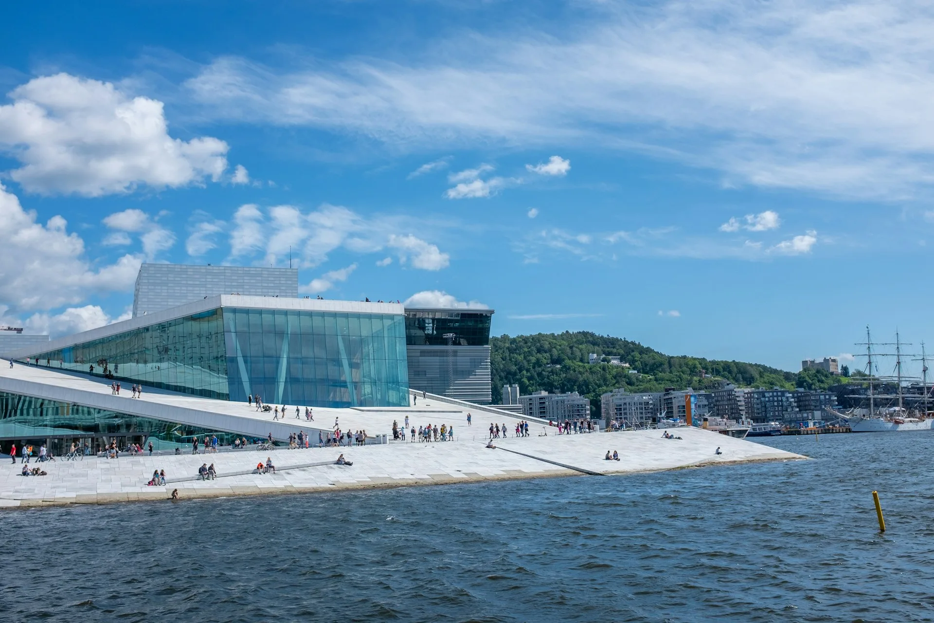 Modern Oslo Opera House white marble roof with fjord views