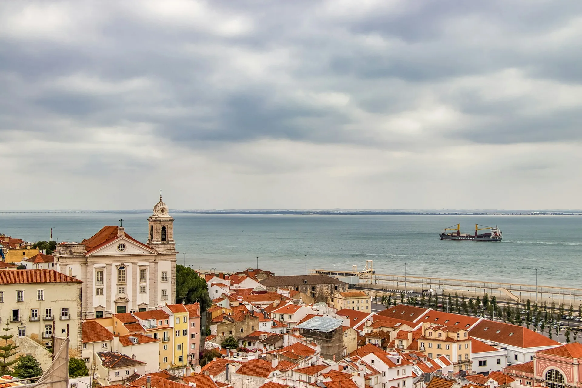 Panoramic view of Alfama district with colorful buildings and Tagus River