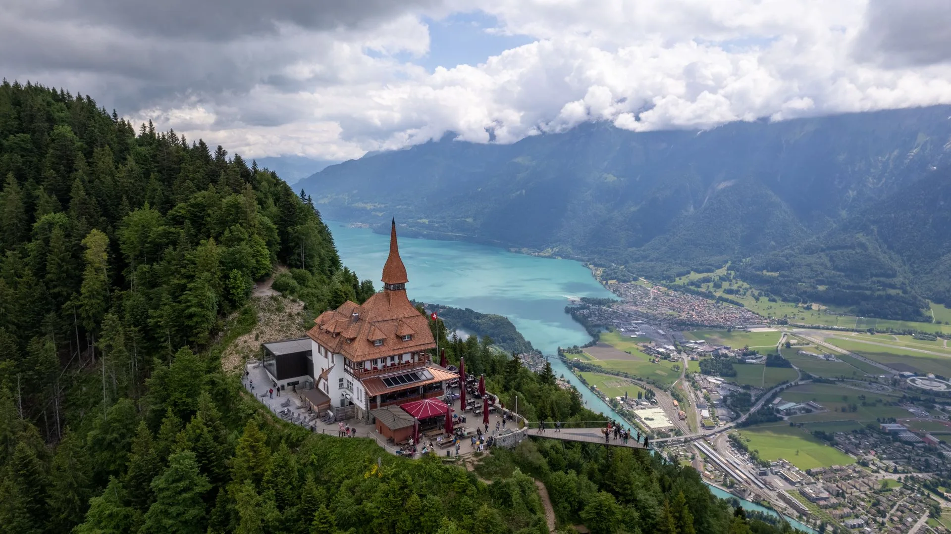 Panoramic view of Interlaken between lakes from Harder Kulm platform
