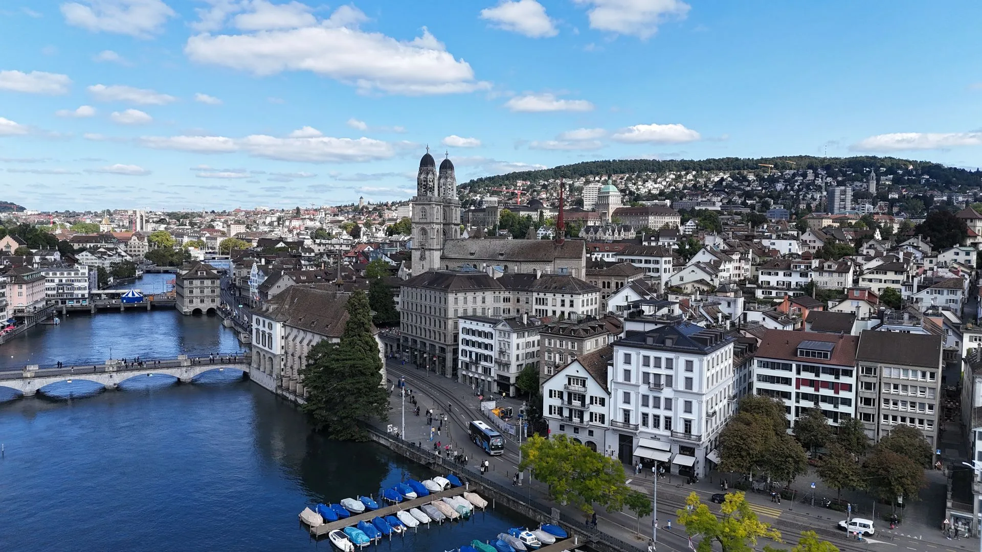 Zurich Old Town skyline from Lindenhof with church towers and river