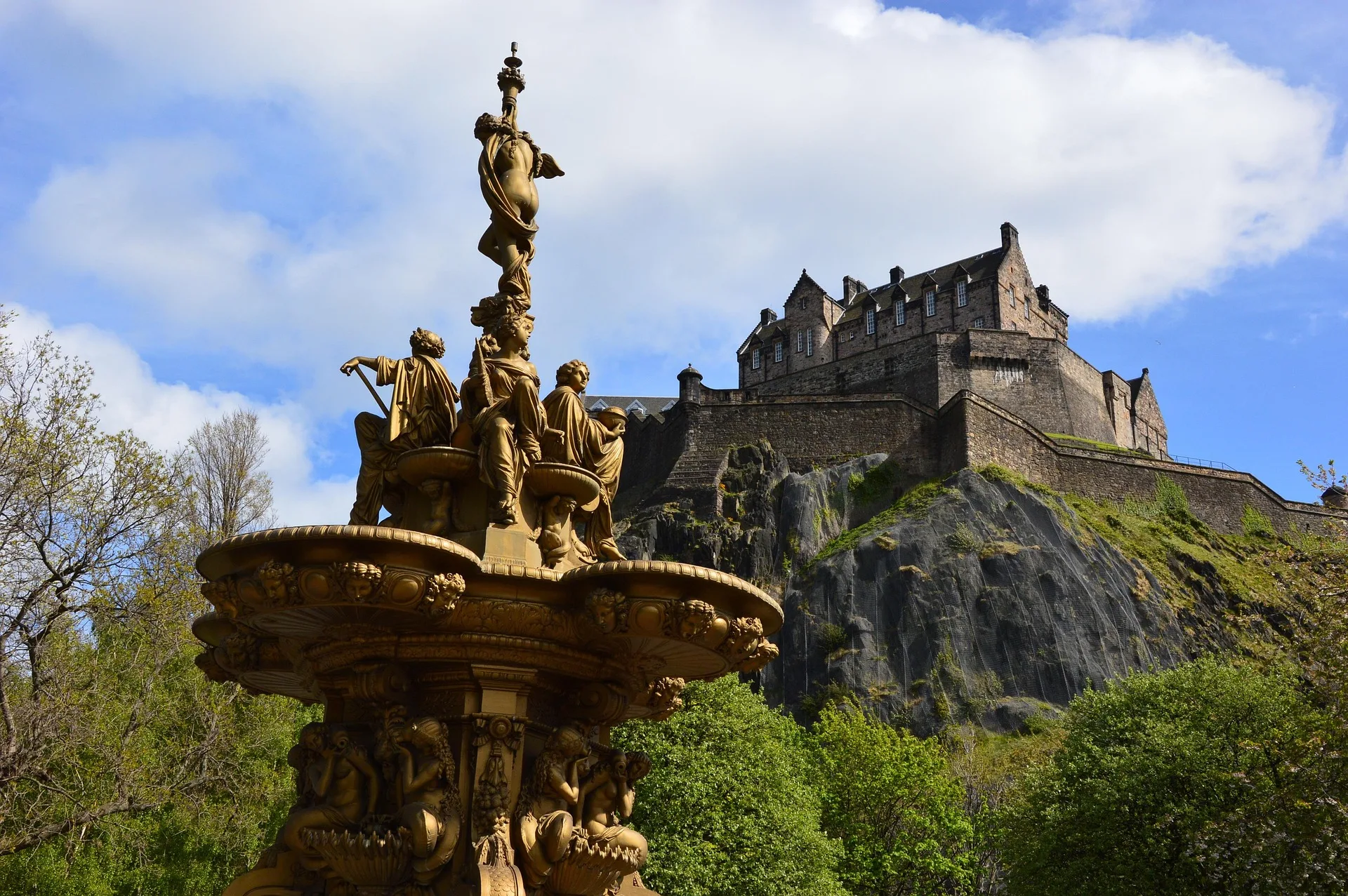Edinburgh Castle viewed from Princes Street Gardens with flowers