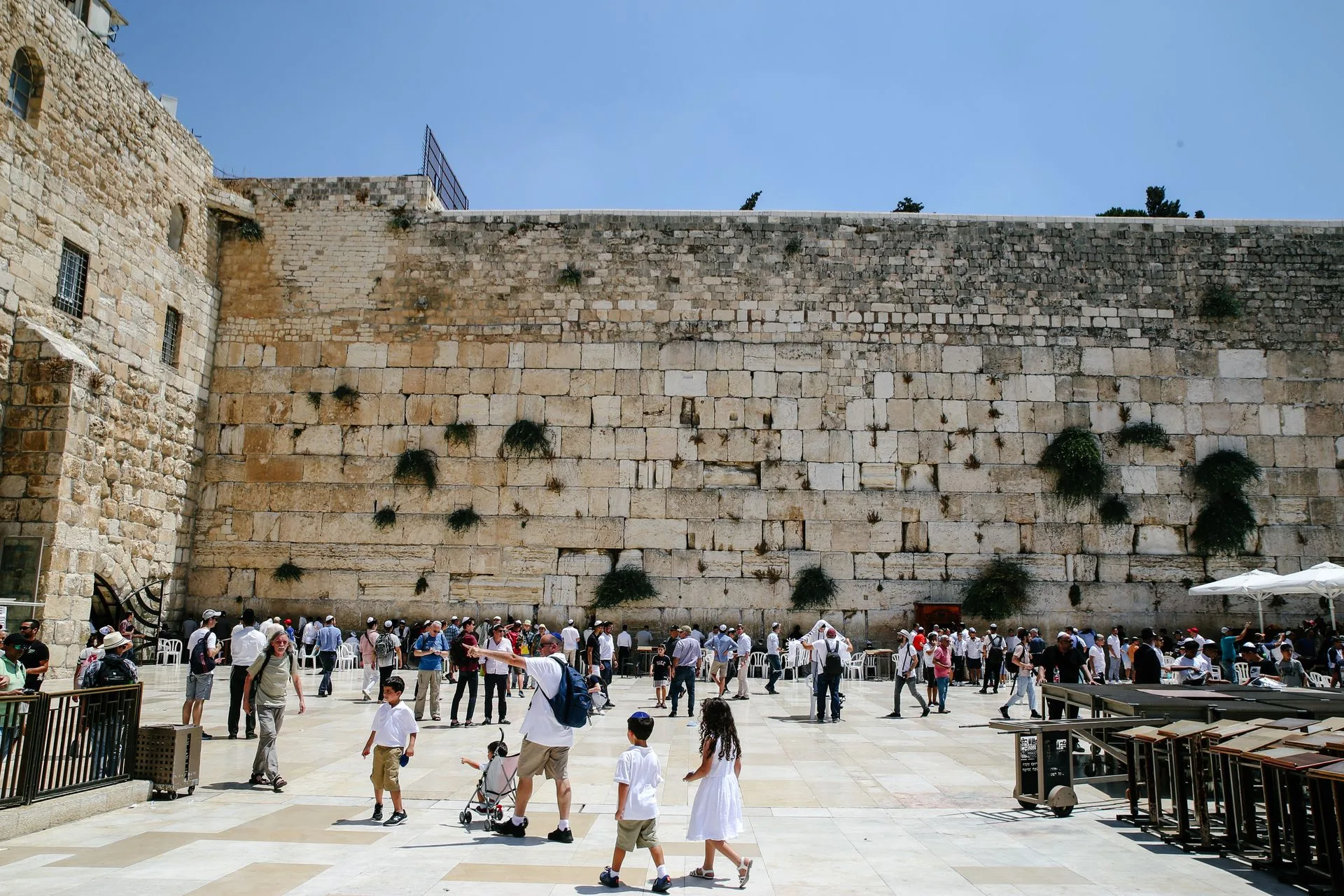 Western Wall in Jerusalem at evening with worshippers