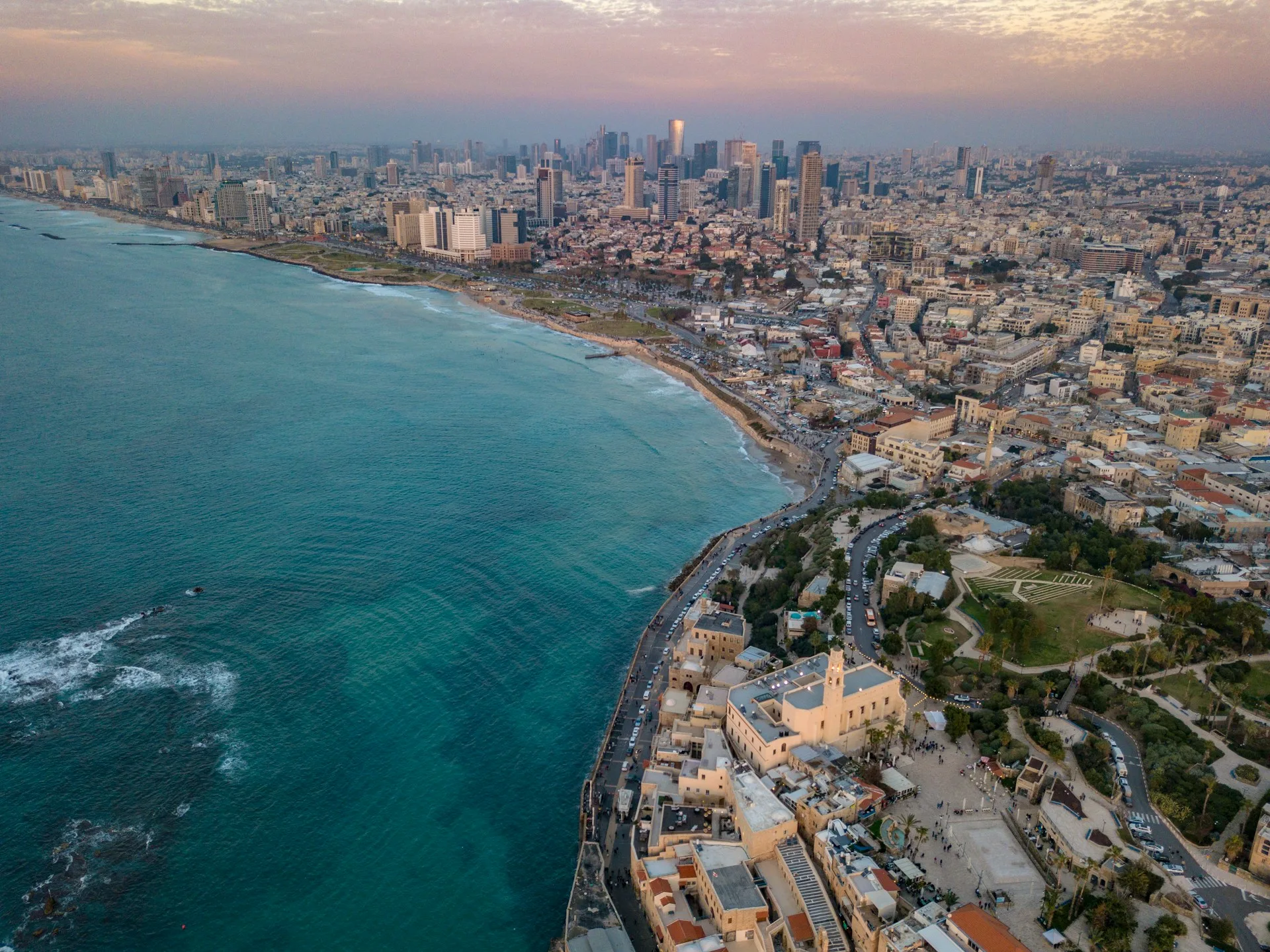 Ancient Jaffa port with stone buildings and Mediterranean Sea