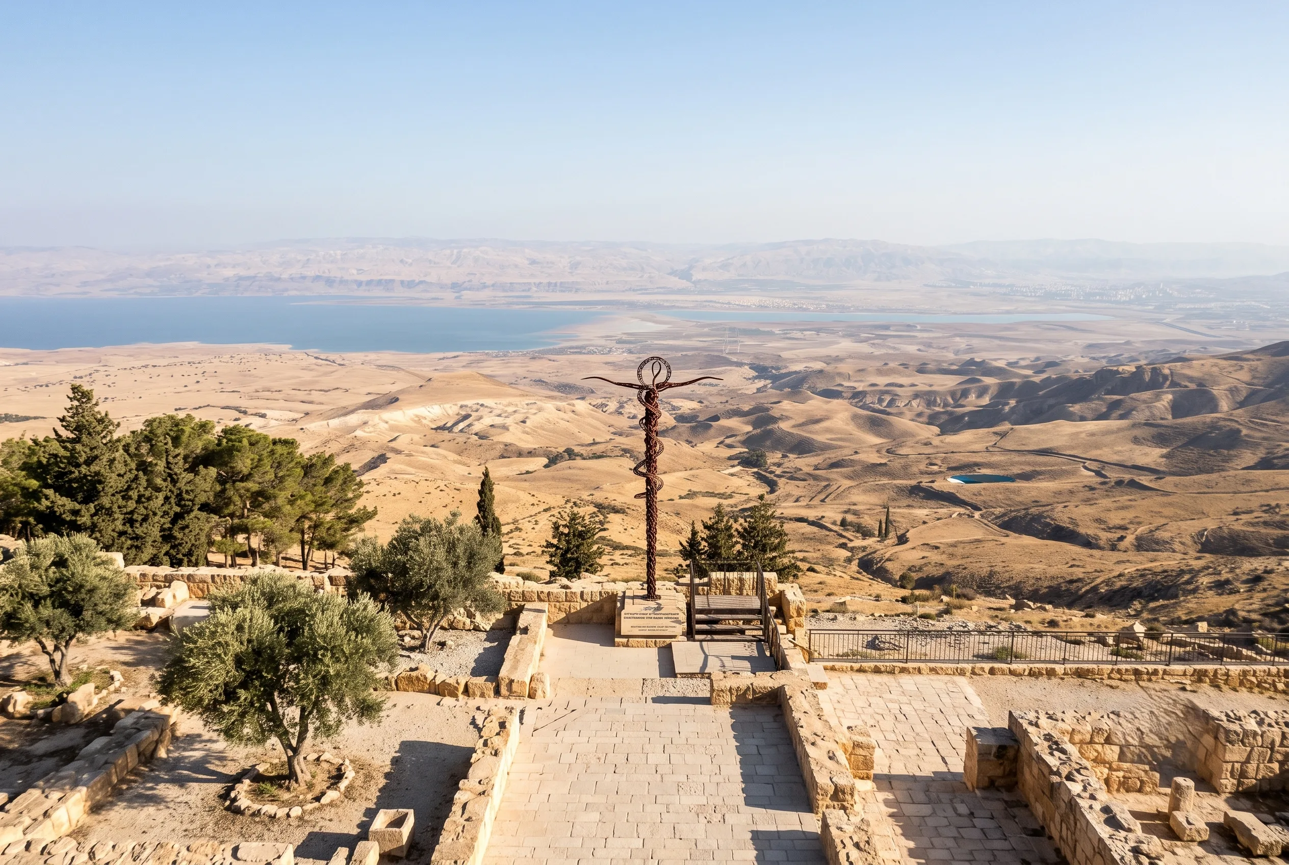 Mount Nebo panoramic views across Jordan Valley and Dead Sea with serpentine cross monument