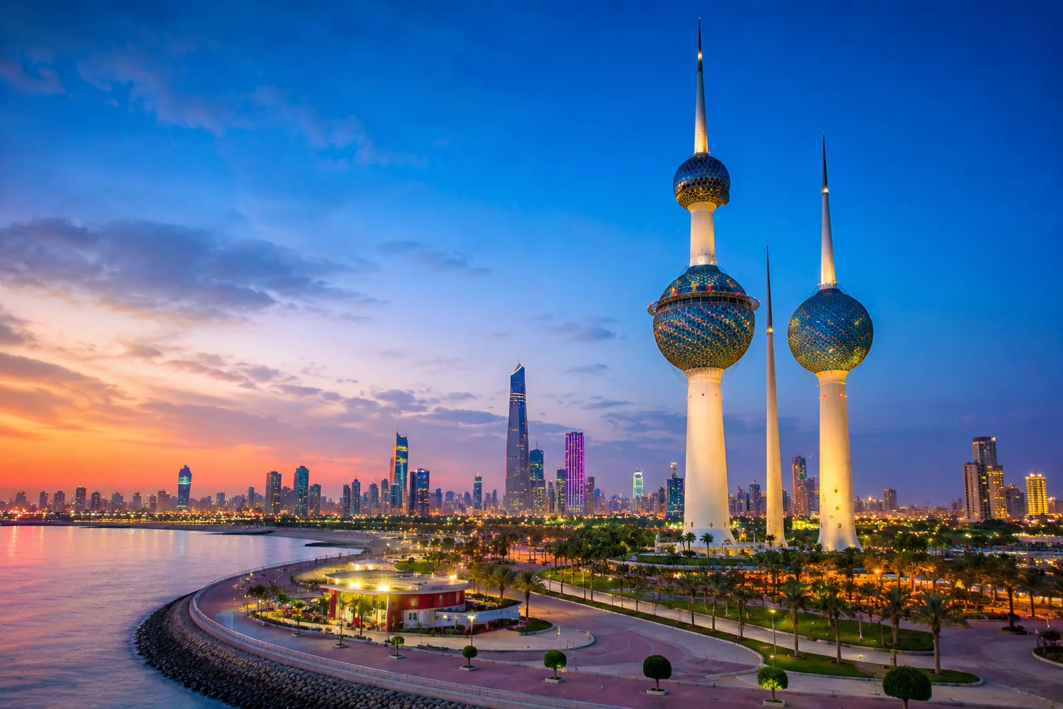 Kuwait Towers at sunset with Arabian Gulf