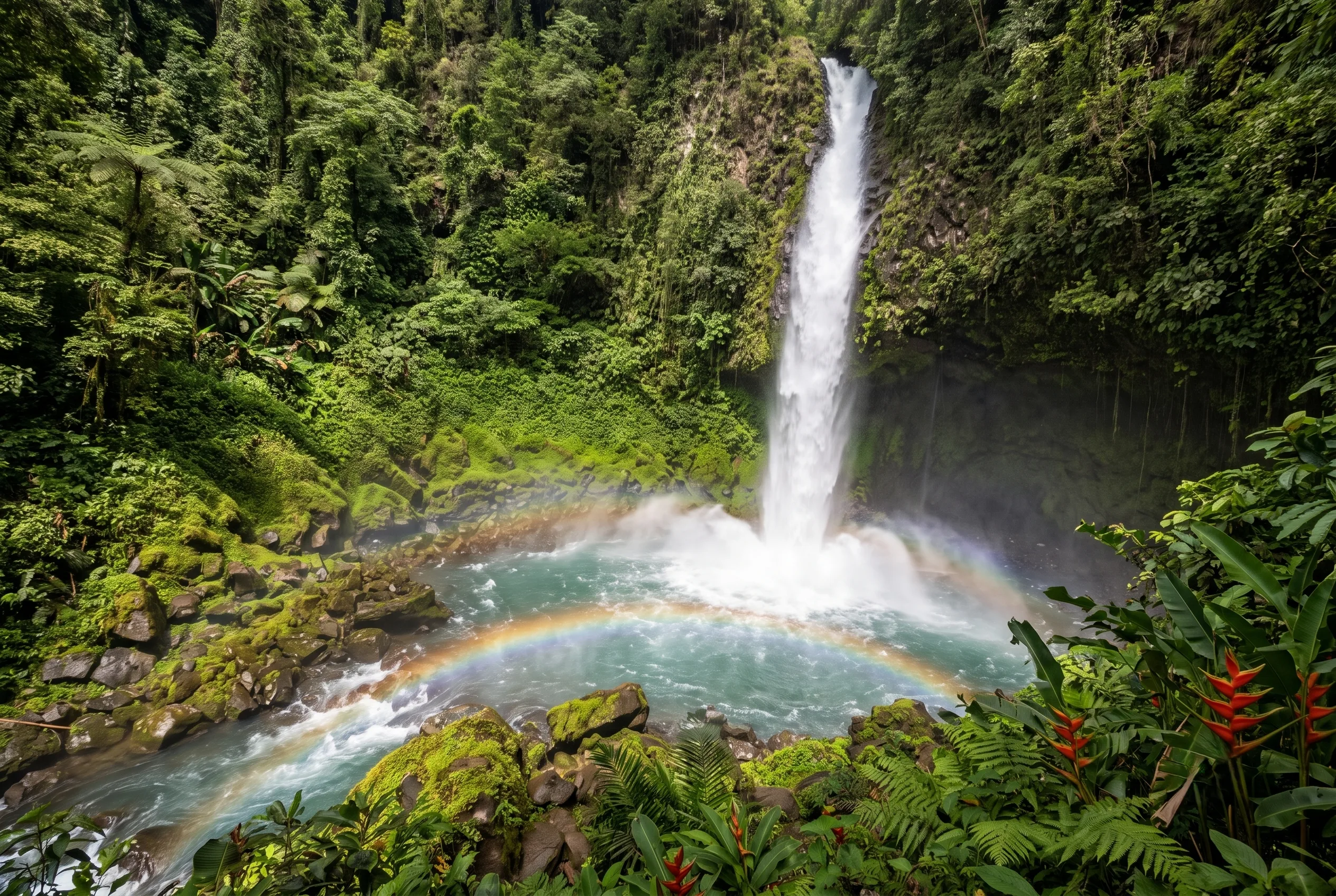 La Fortuna waterfall photography with rainbow mist