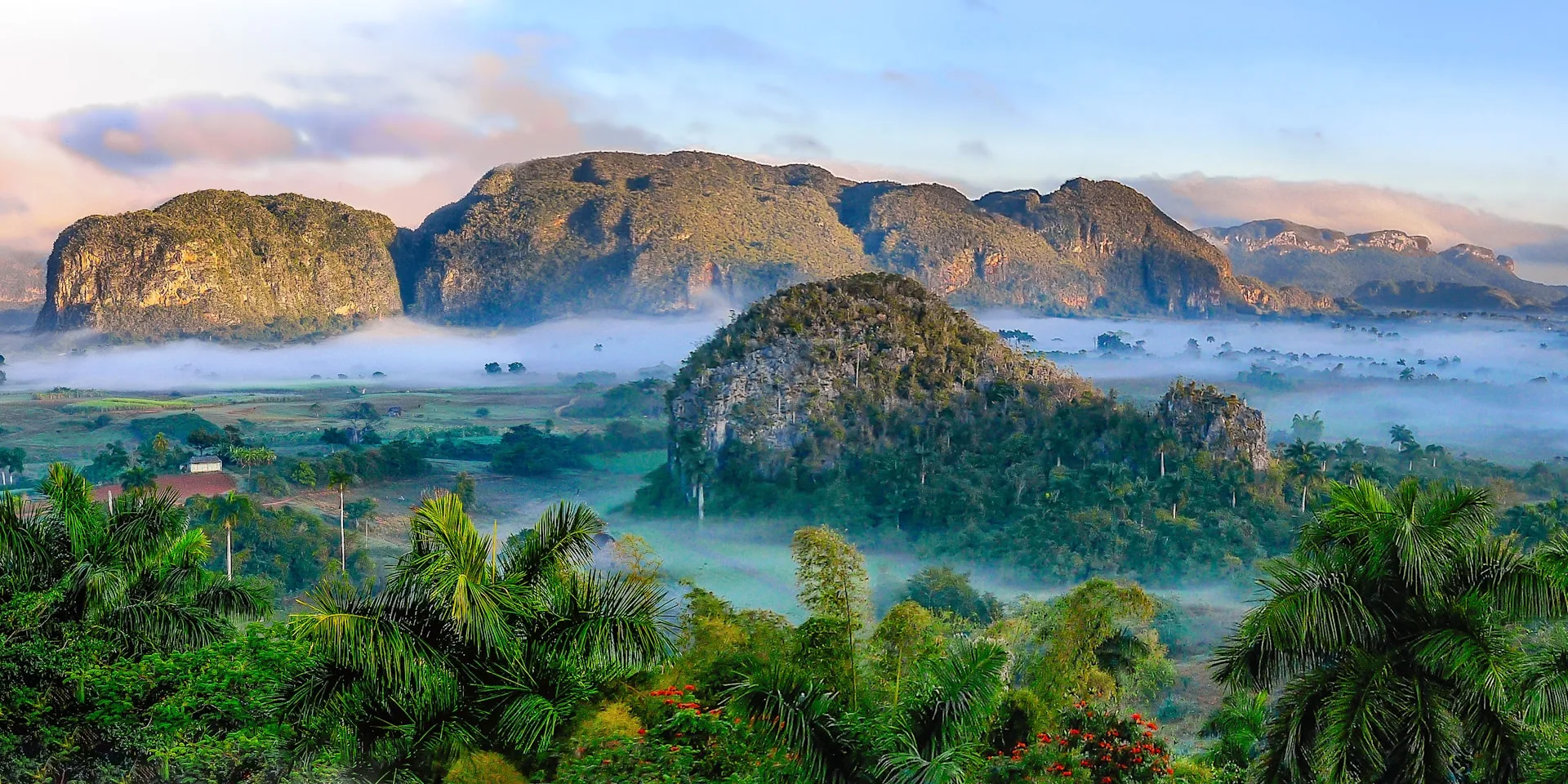 Vinales Valley limestone mogotes and tobacco fields panorama