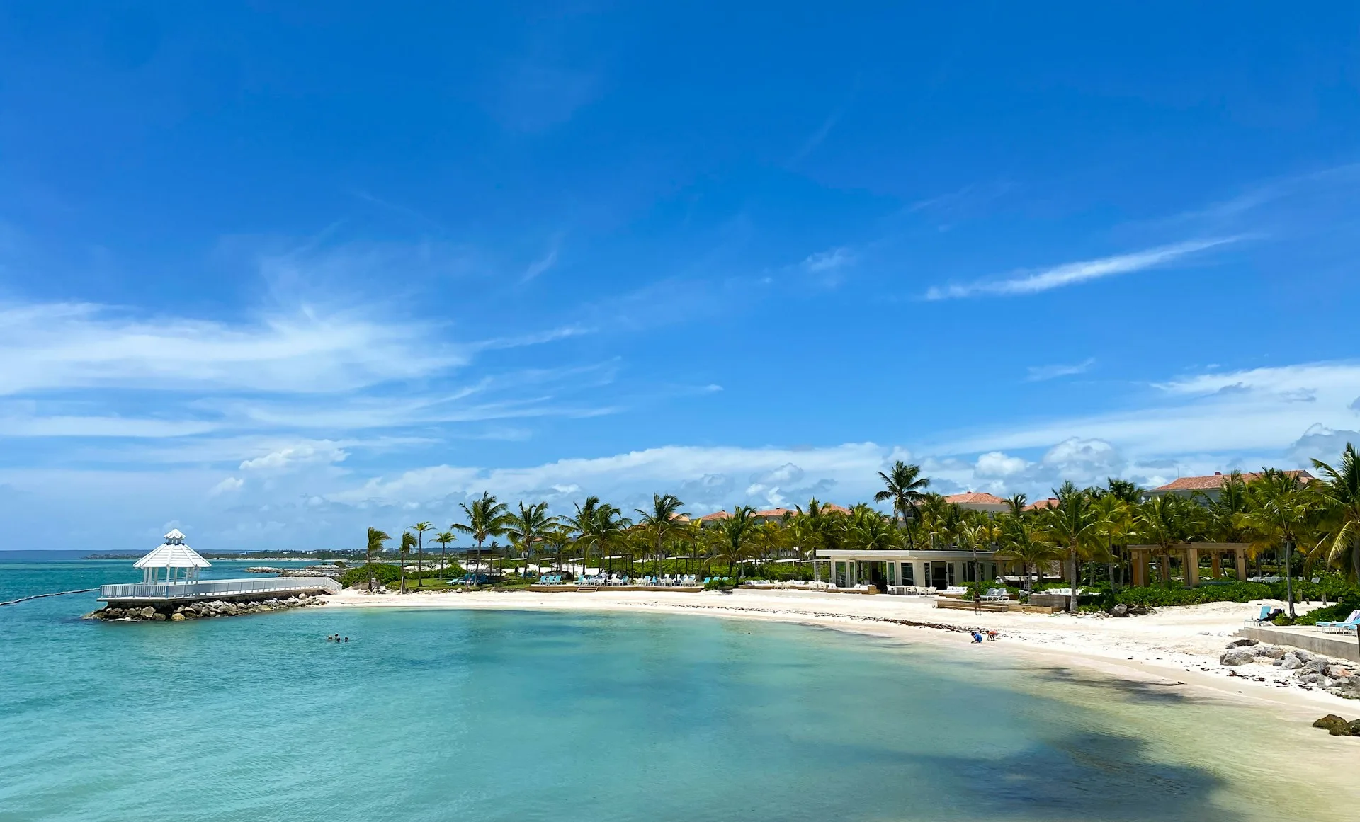 Punta Cana beach at sunset with palm trees and colorful sky