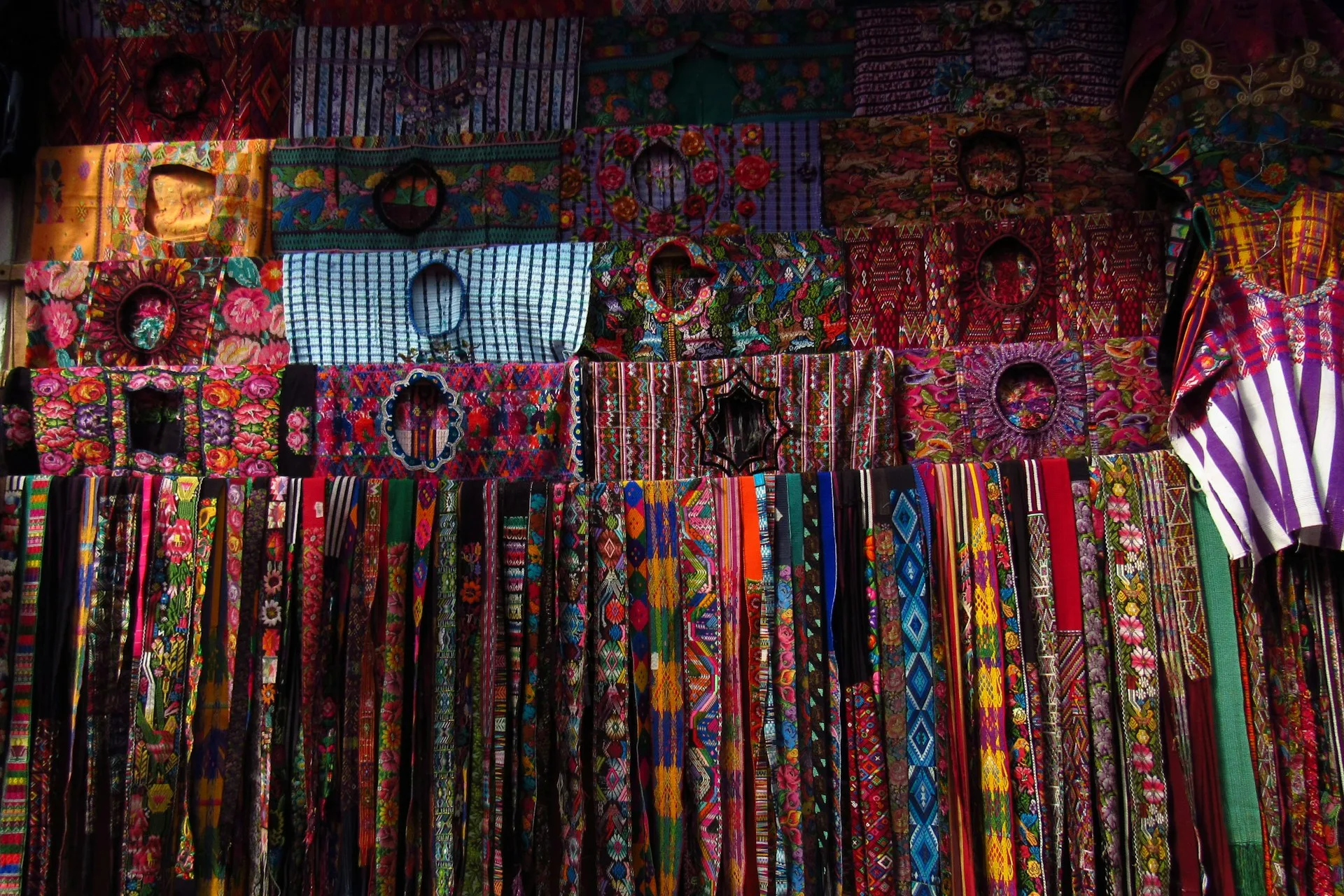 Colorful textiles at Chichicastenango indigenous market Guatemala