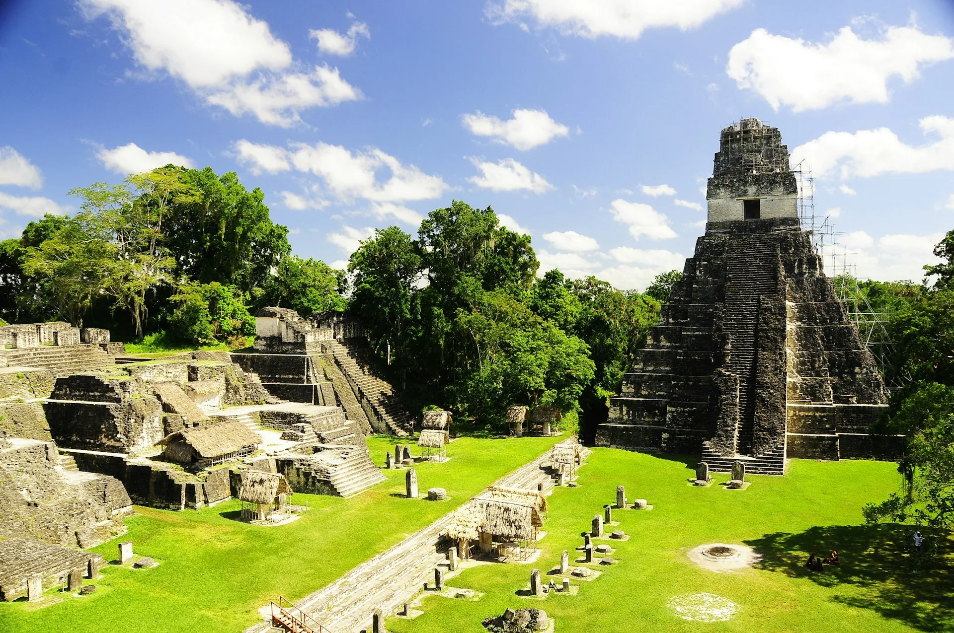 Great Plaza at Tikal with Temple I and Temple II at sunrise Guatemala