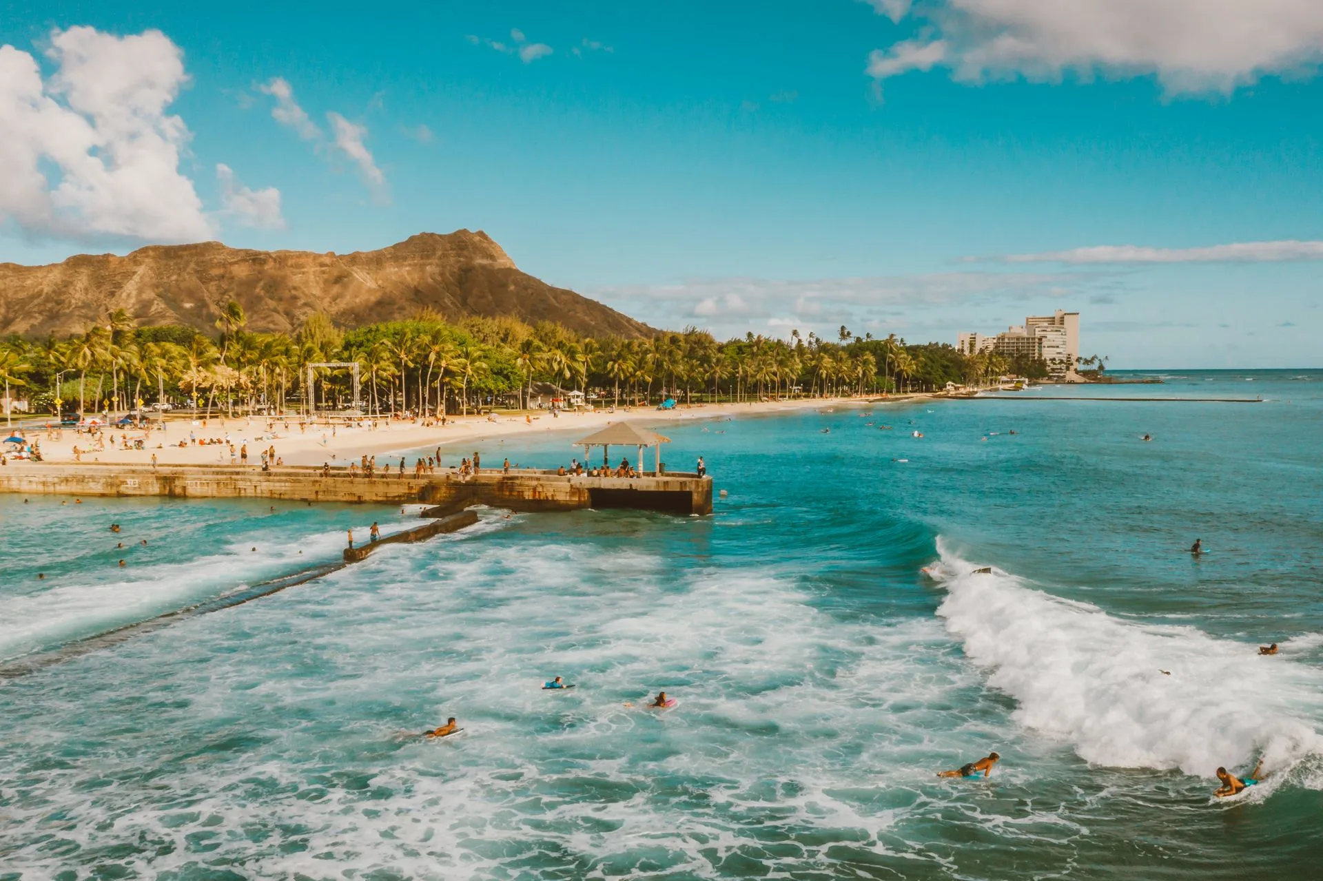 Waikiki Beach sunset with Diamond Head in background
