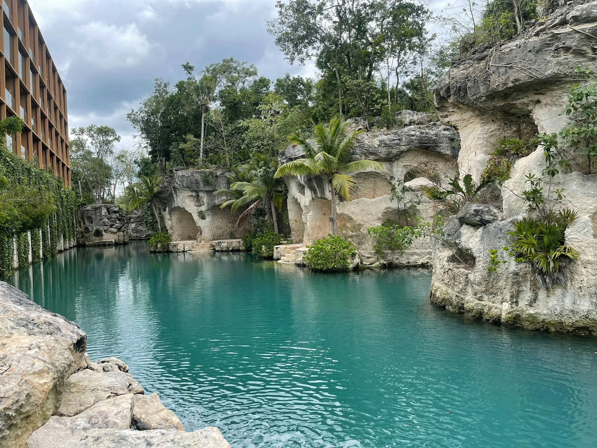 Xcaret underground river with crystal clear blue water
