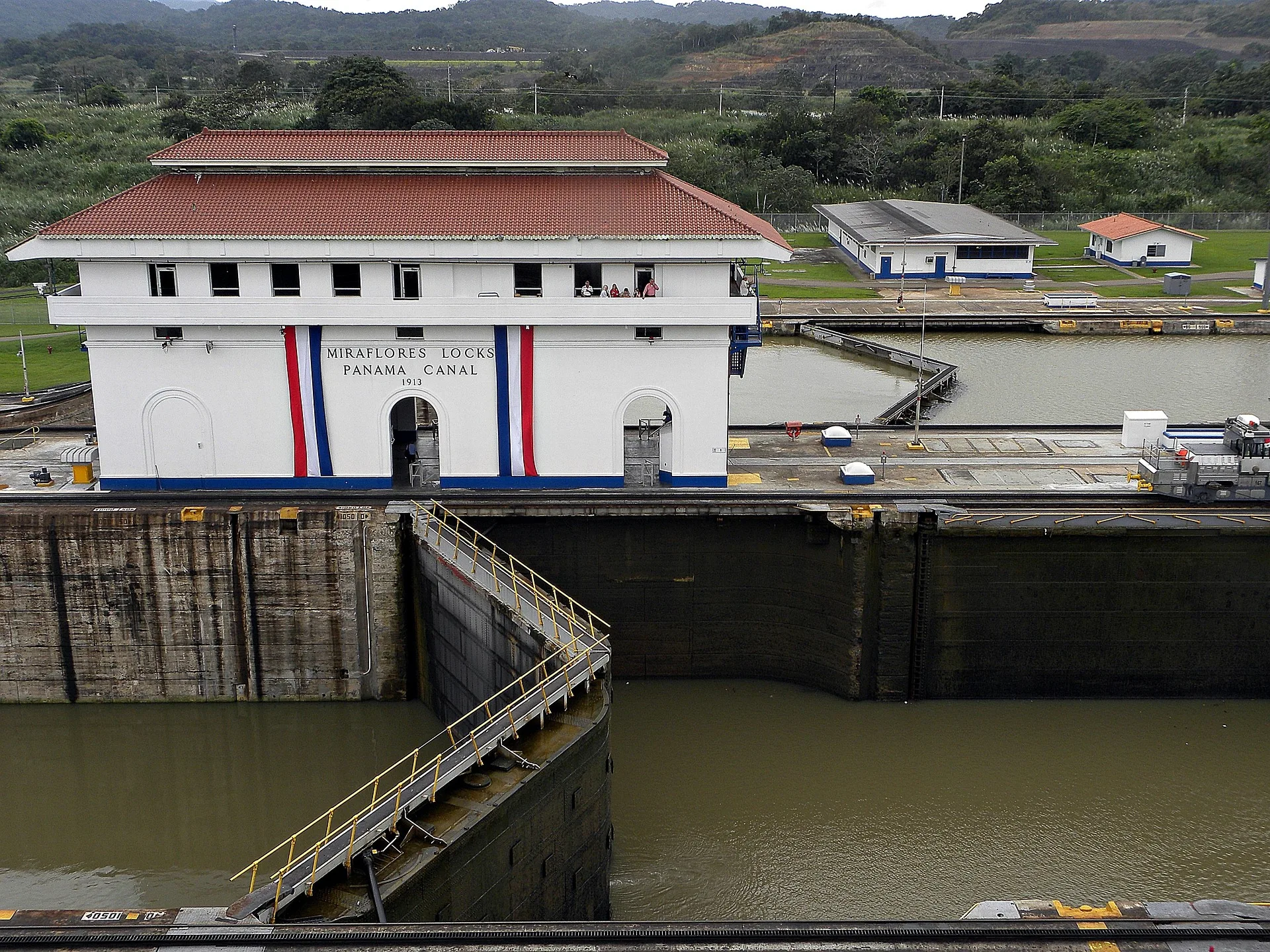 Panama Canal Miraflores Locks with ships transiting