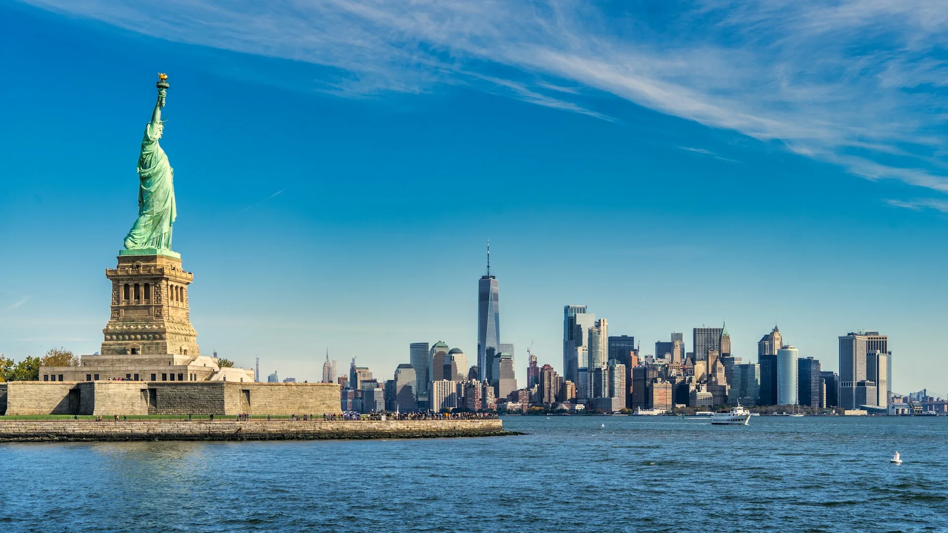 Statue of Liberty and Manhattan skyline on Day 2 of USA Family Tour