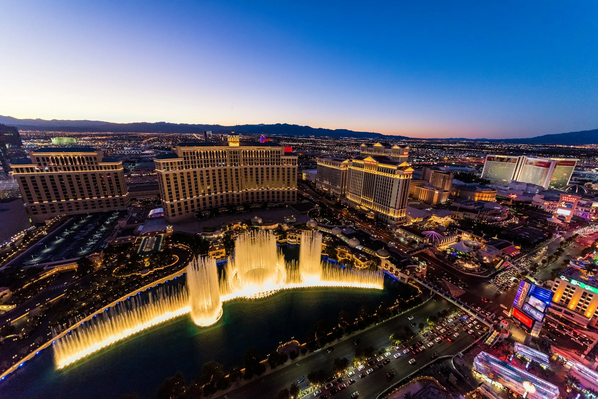 Las Vegas Strip Bellagio Fountains and themed hotels on Day 8 of USA Family Tour