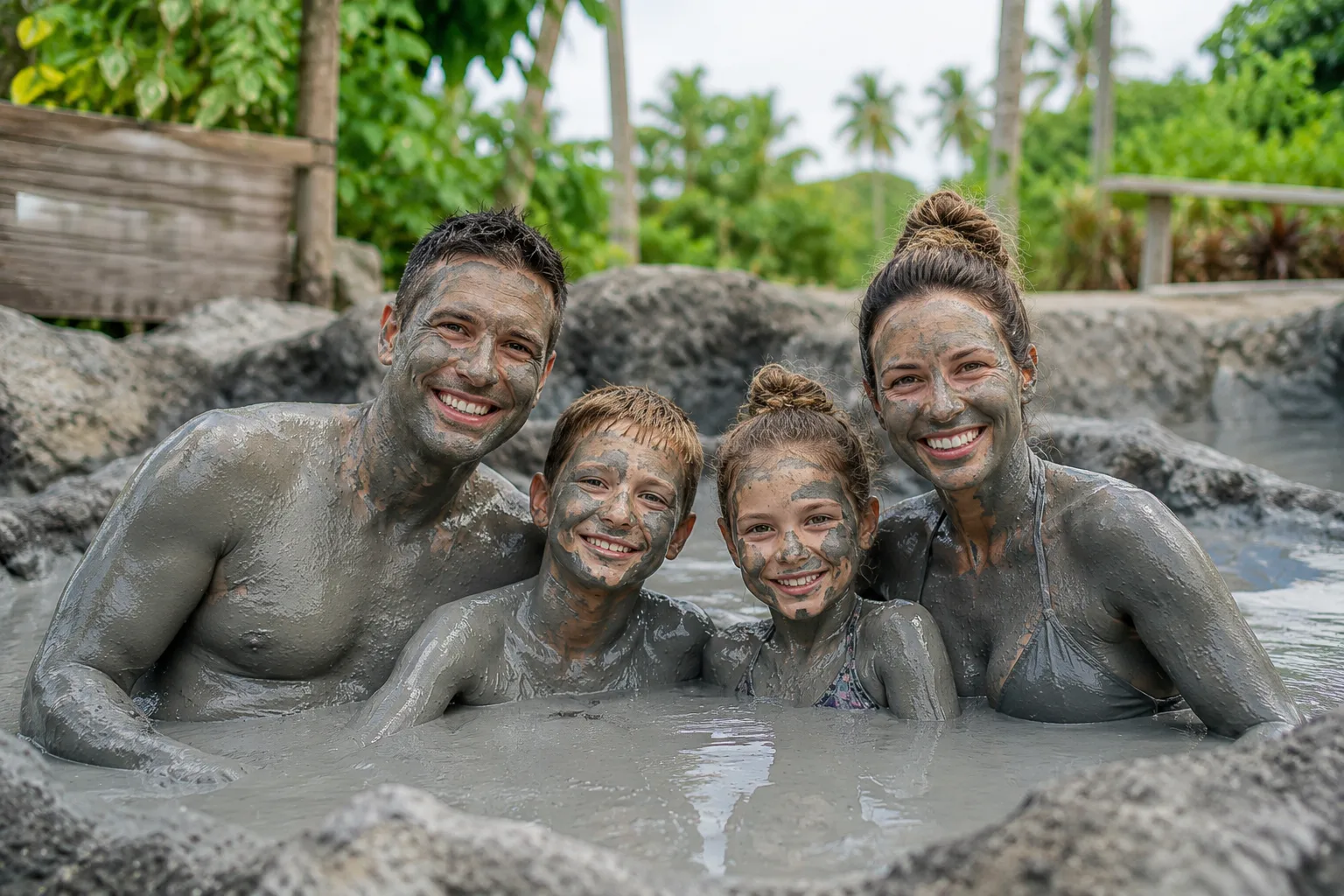 Family covered in volcanic mud smiling at hot springs
