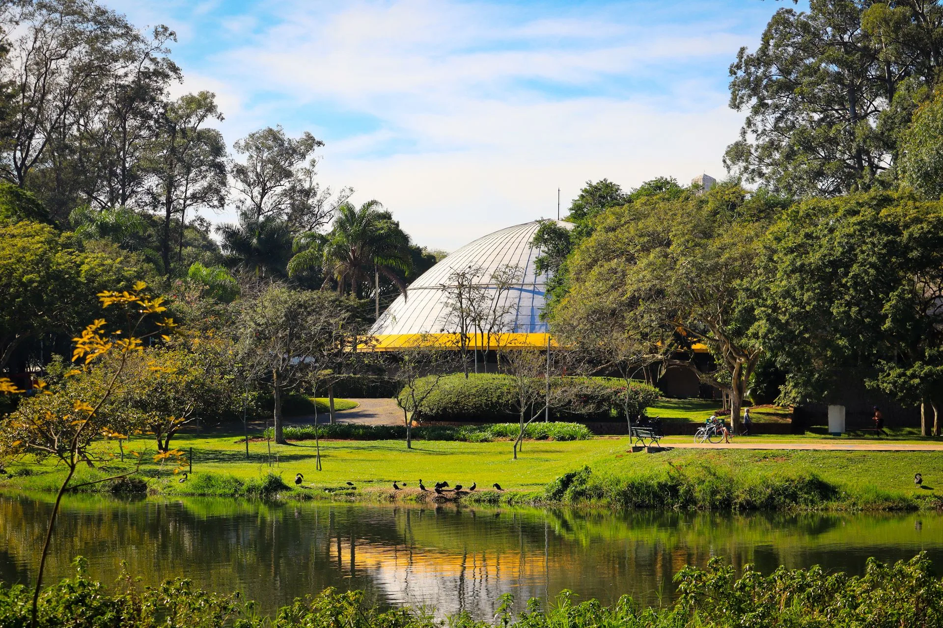 Ibirapuera Park with Oscar Niemeyer buildings at golden hour