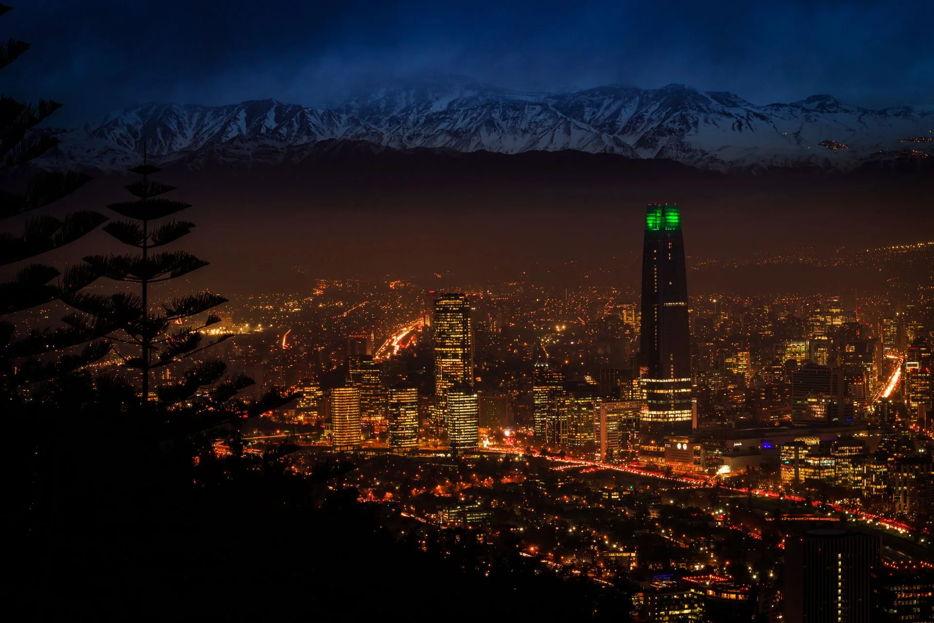 Santiago city panorama with Andes Mountains from San Cristóbal Hill