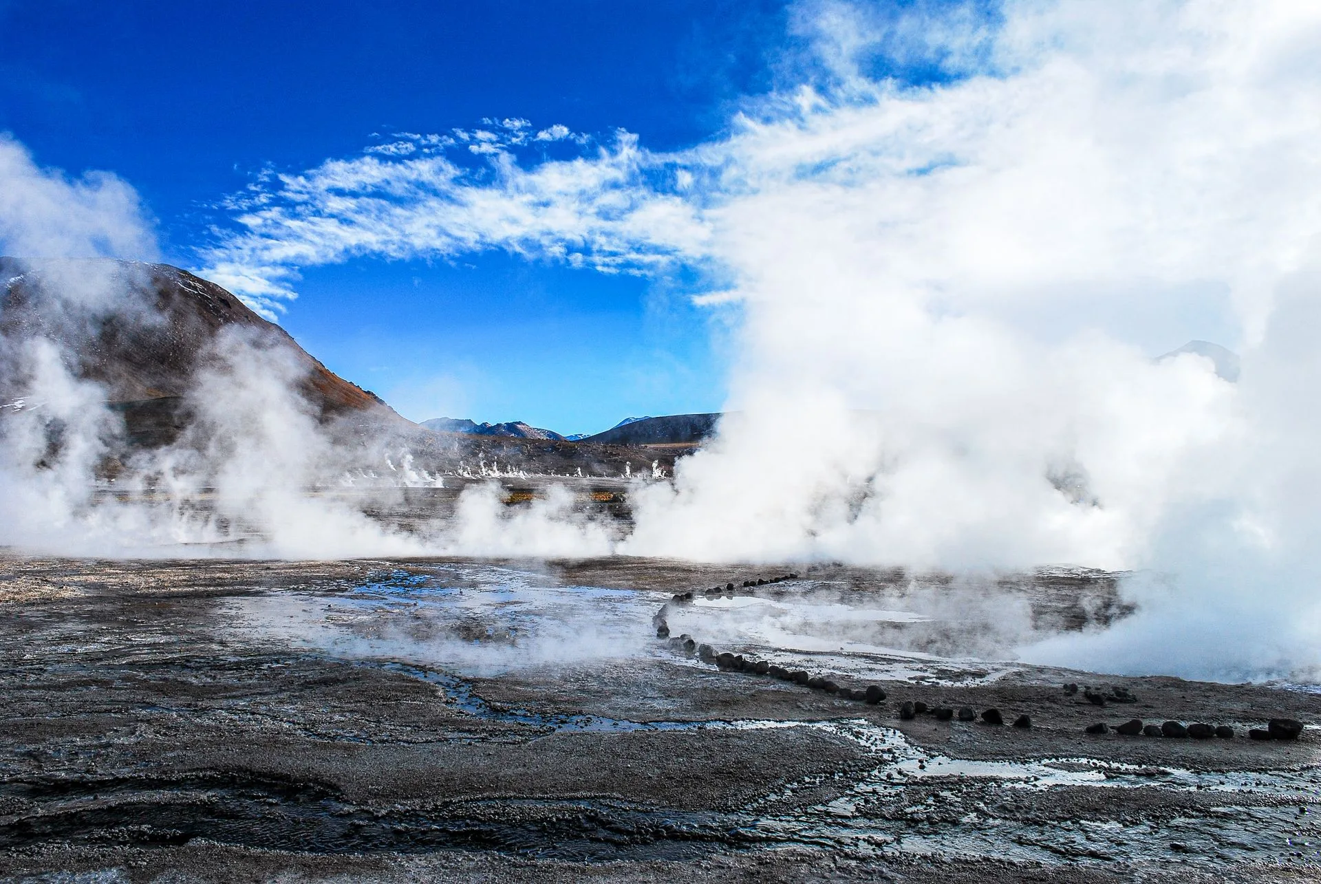 Steam rising from El Tatio geysers at sunrise