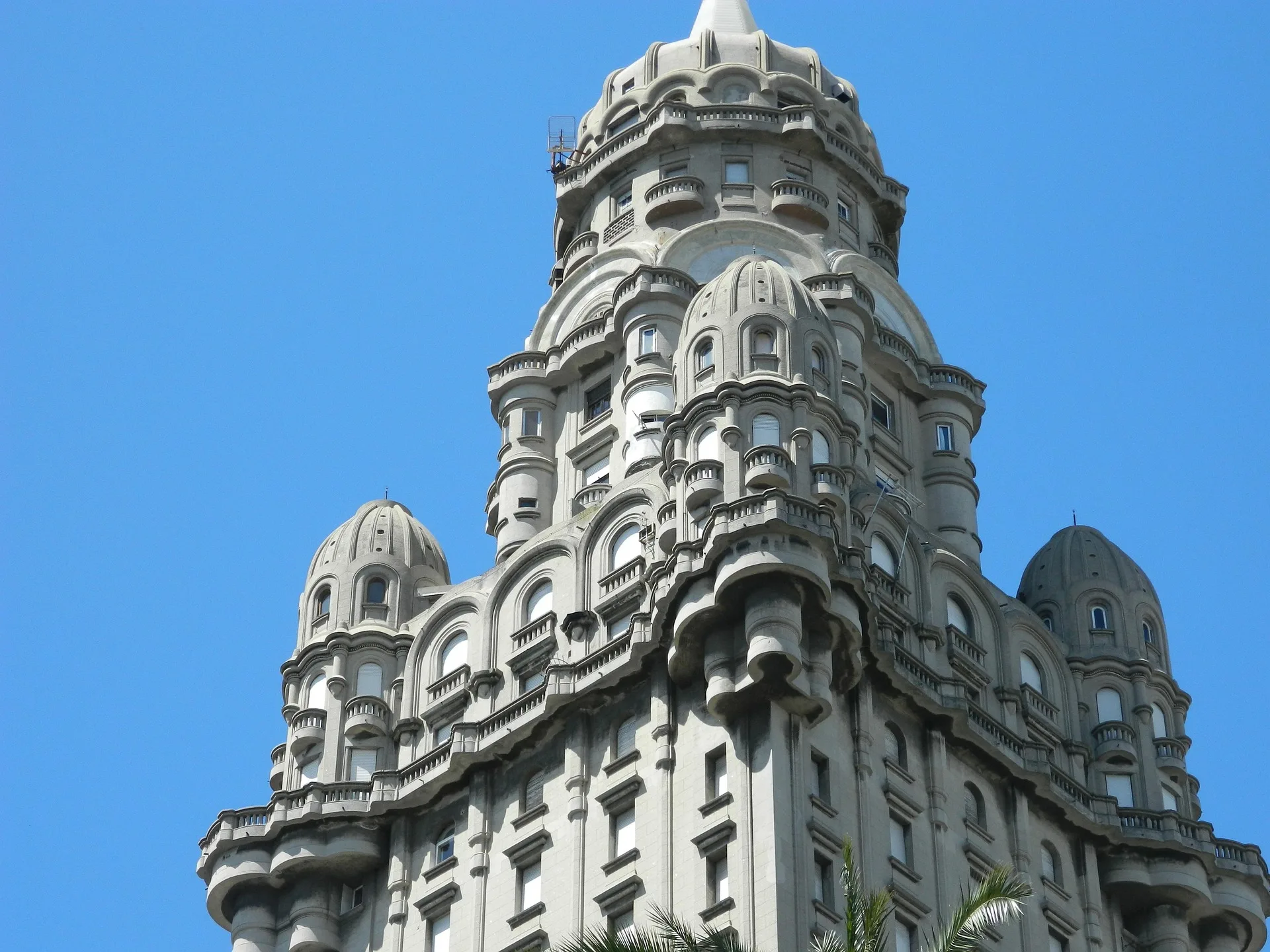 Palacio Salvo illuminated at sunset in Montevideo